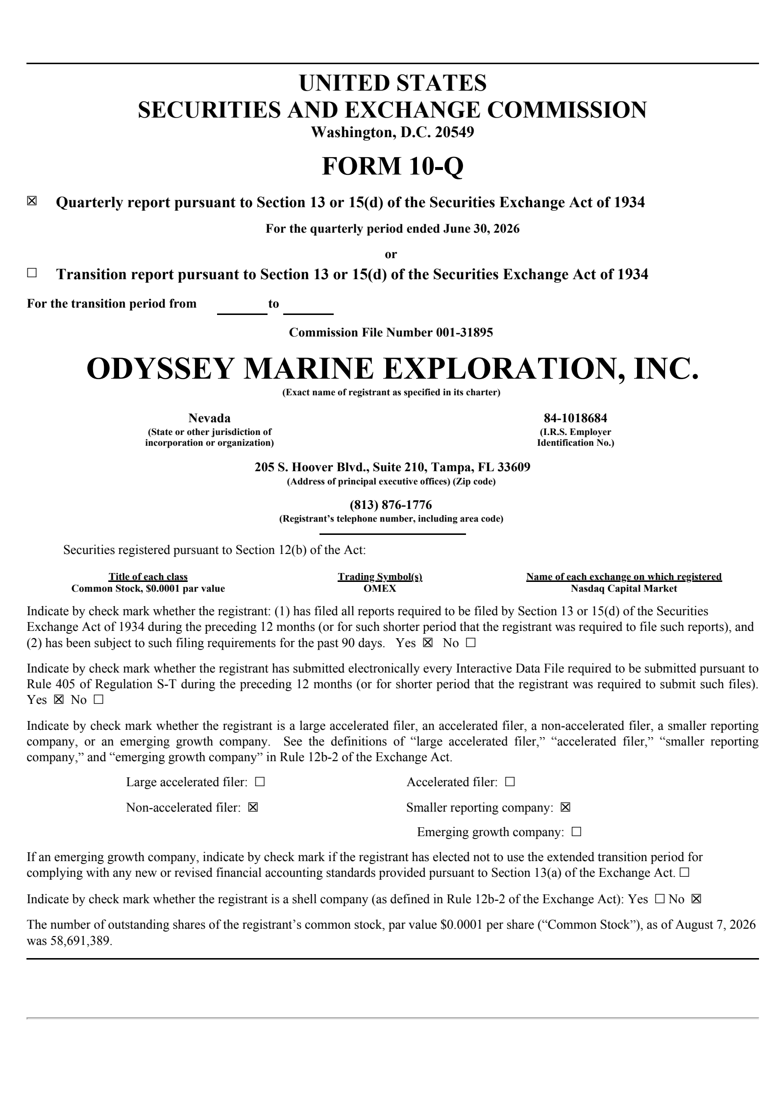 Odyssey Marine Exploration's Q2 2026 Quarterly report
