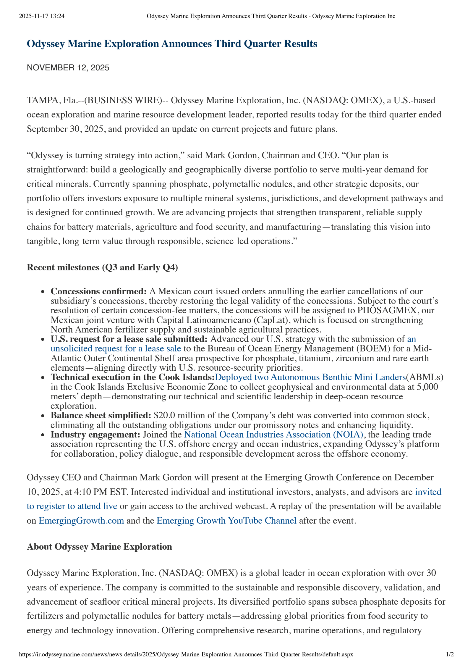 Odyssey Marine Exploration's Q3 2025 Earnings Release
