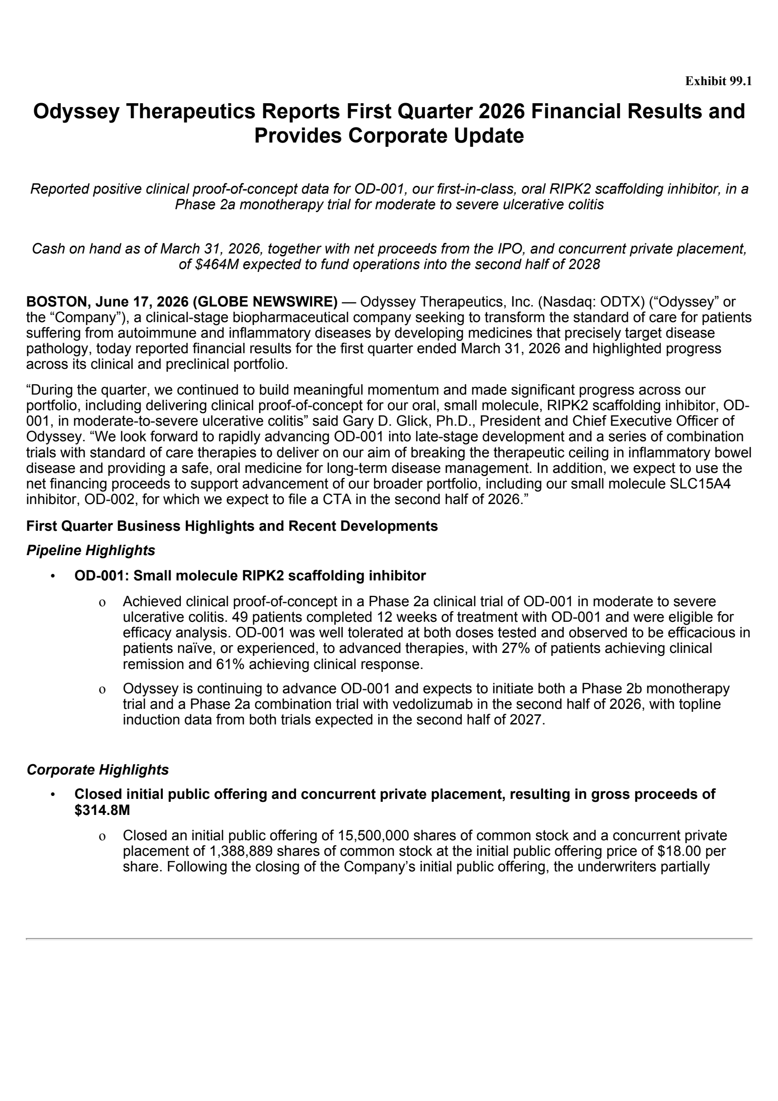 Odyssey Therapeutics' Q1 2026 Press Release