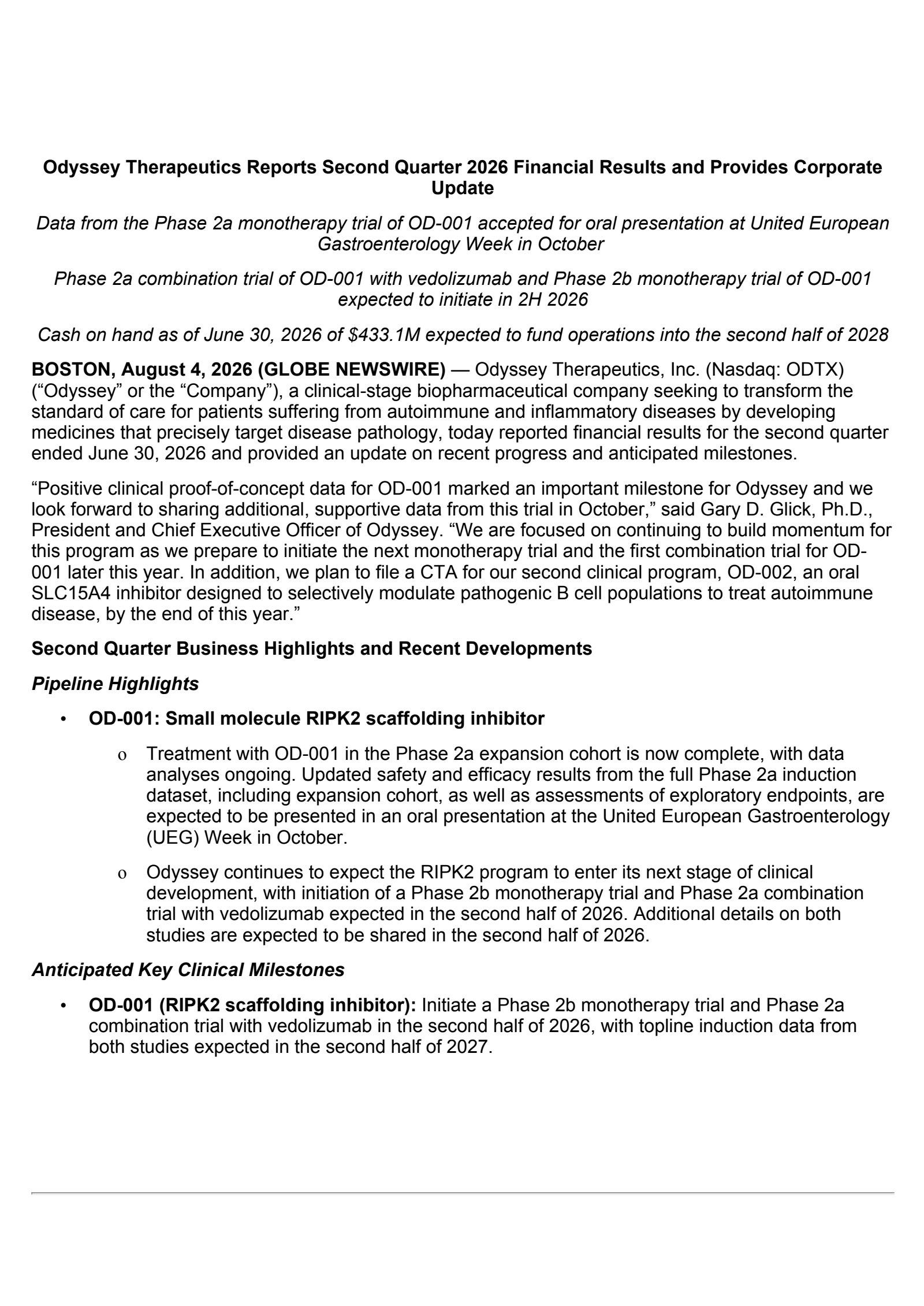 Odyssey Therapeutics' Q2 2026 Press Release