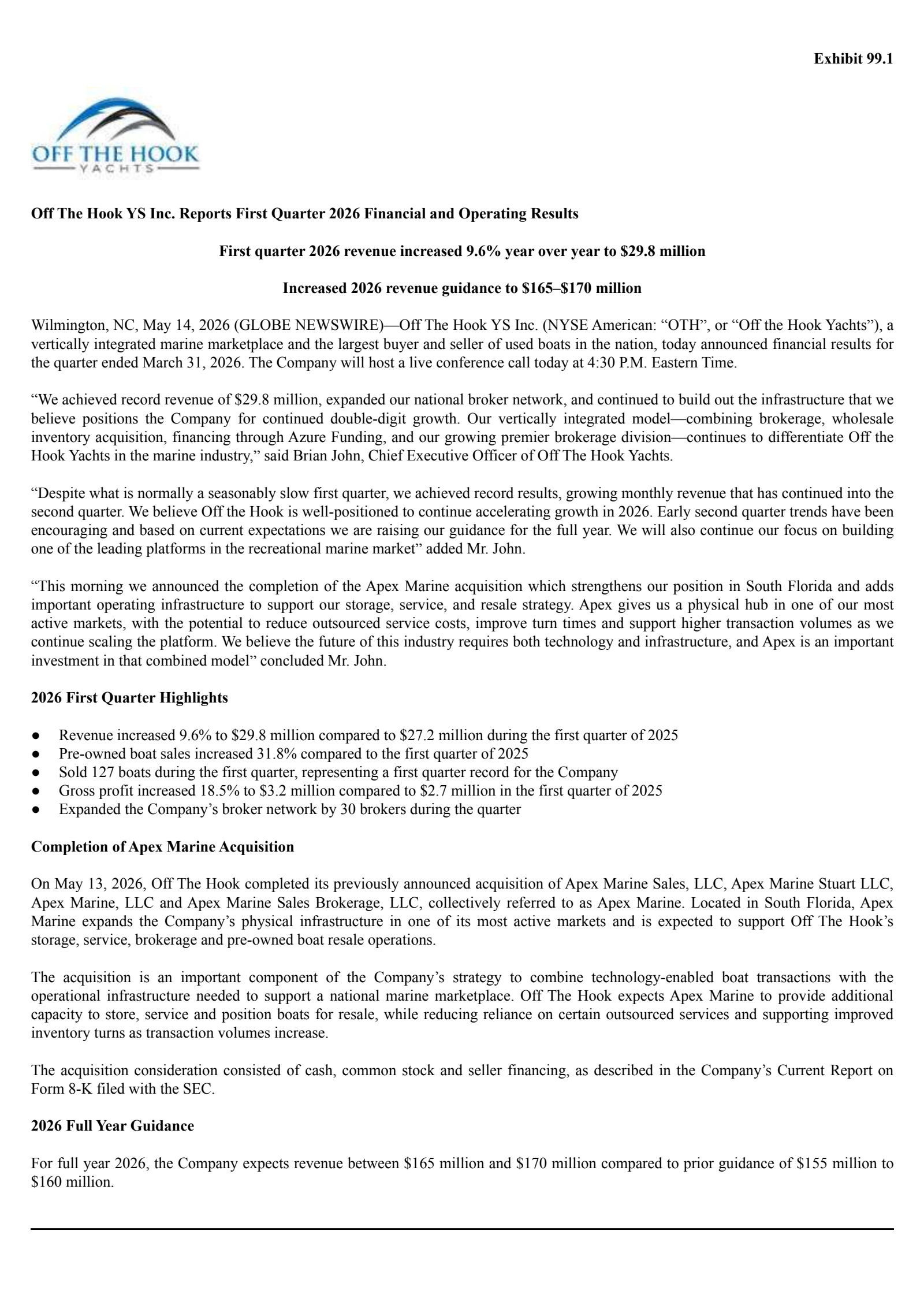 Off The Hook Ys' Q1 2026 Press Release