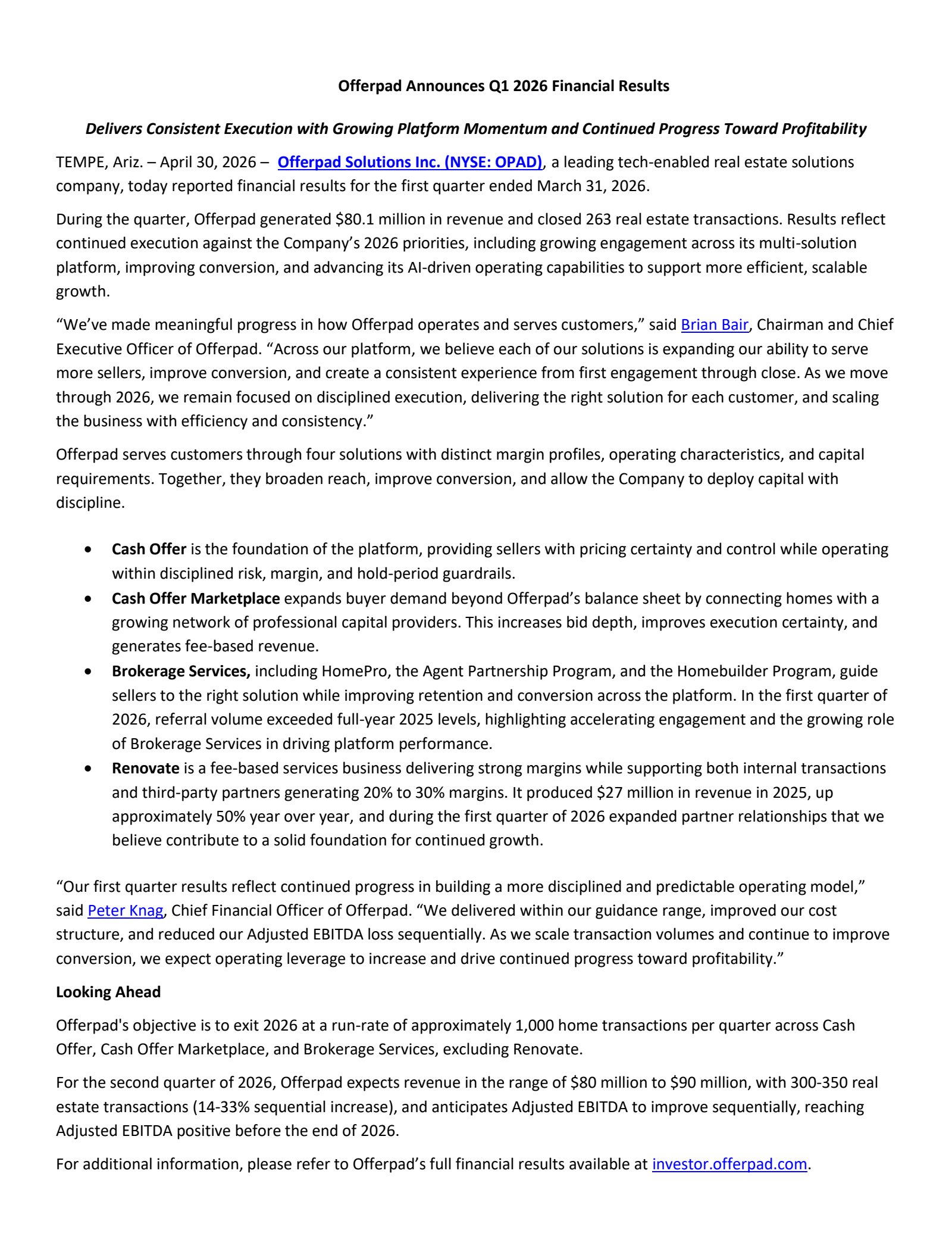 Offerpad Solutions' Q1 2026 Press Release