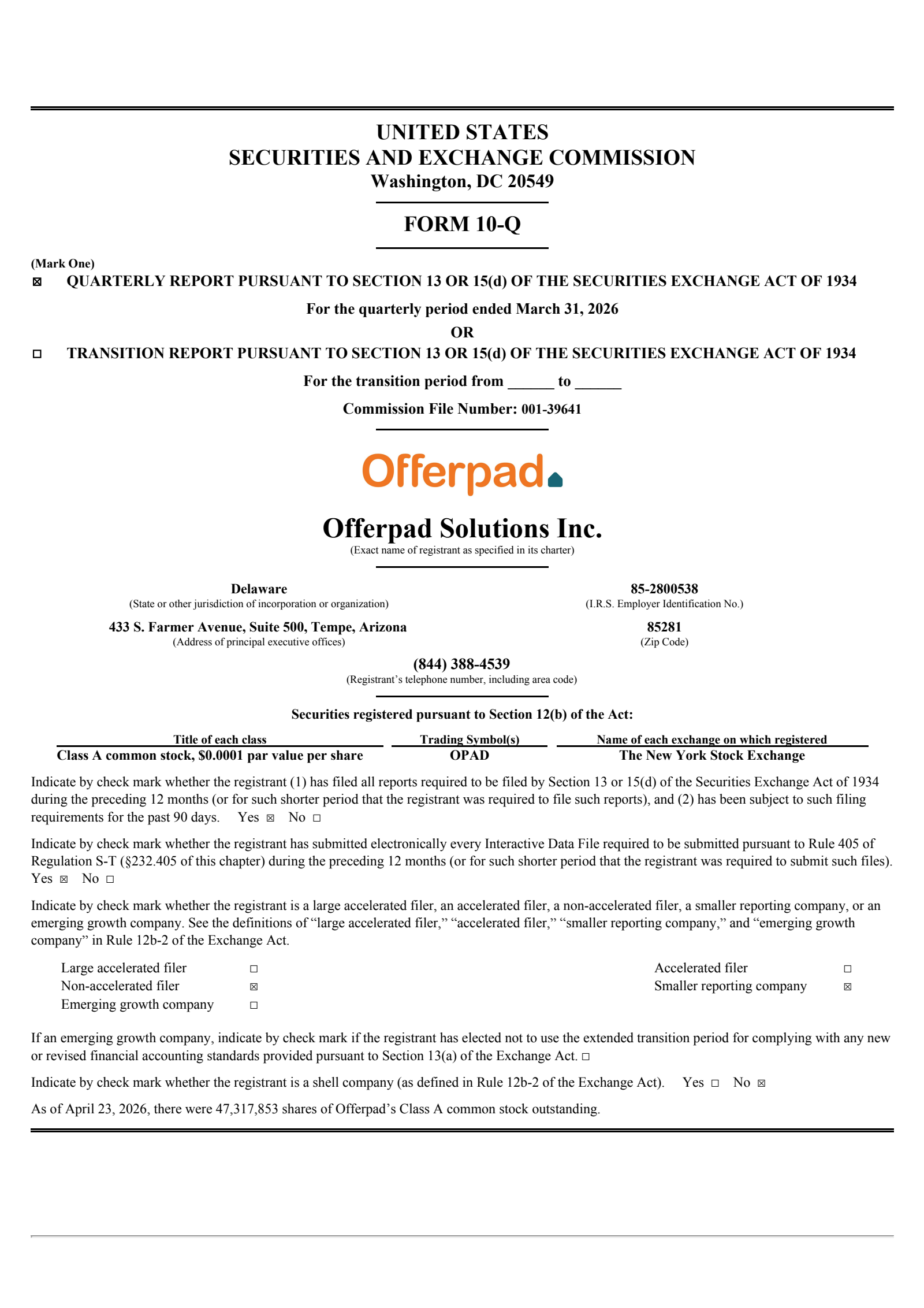 Offerpad Solutions' Q1 2026 Quarterly report