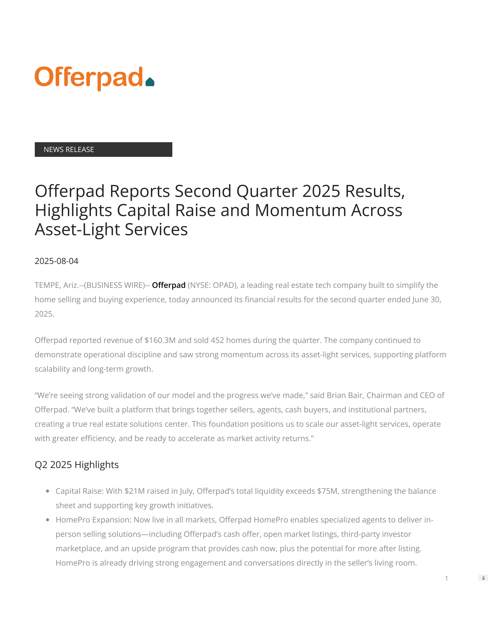 Offerpad Solutions' Q2 2025 Press Release