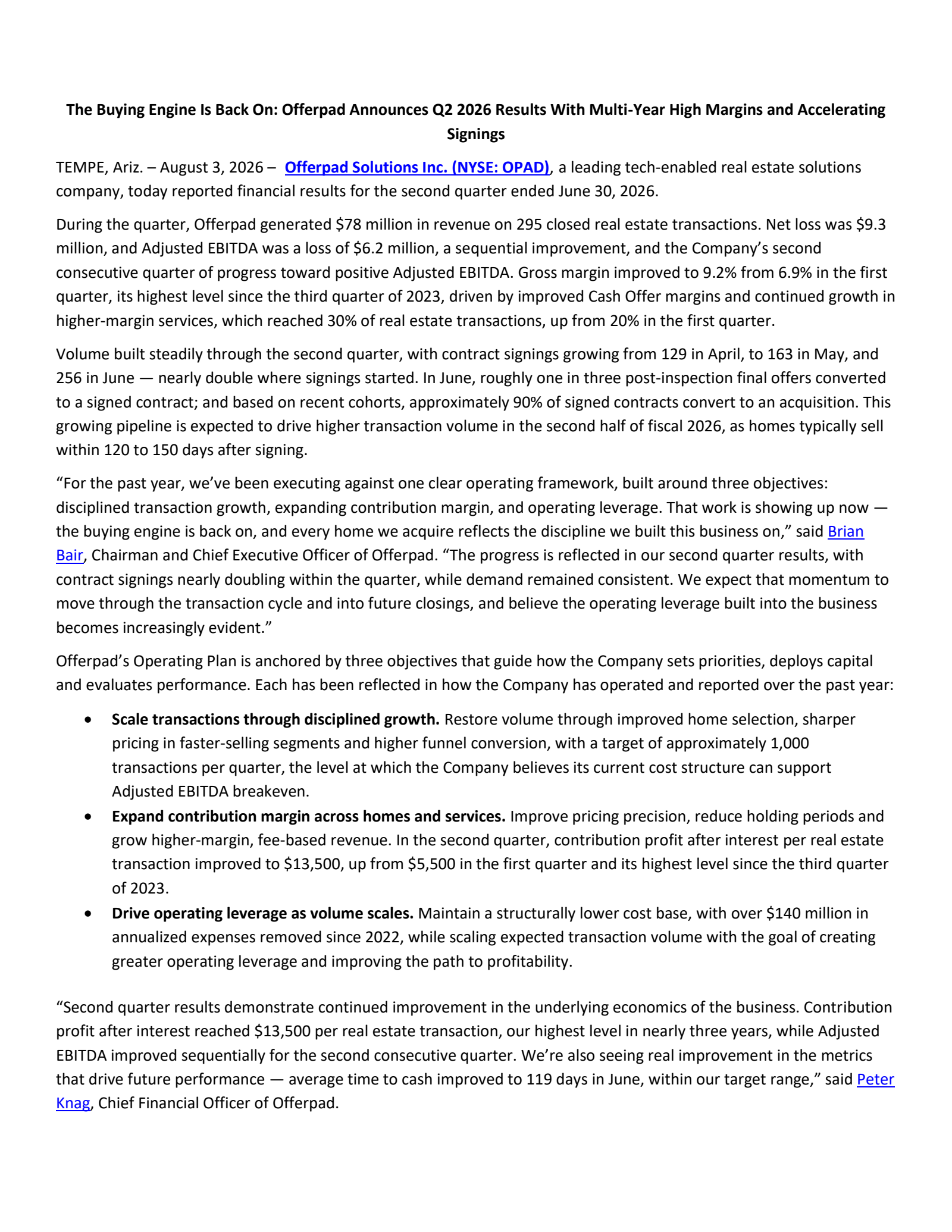 Offerpad Solutions' Q2 2026 Press Release