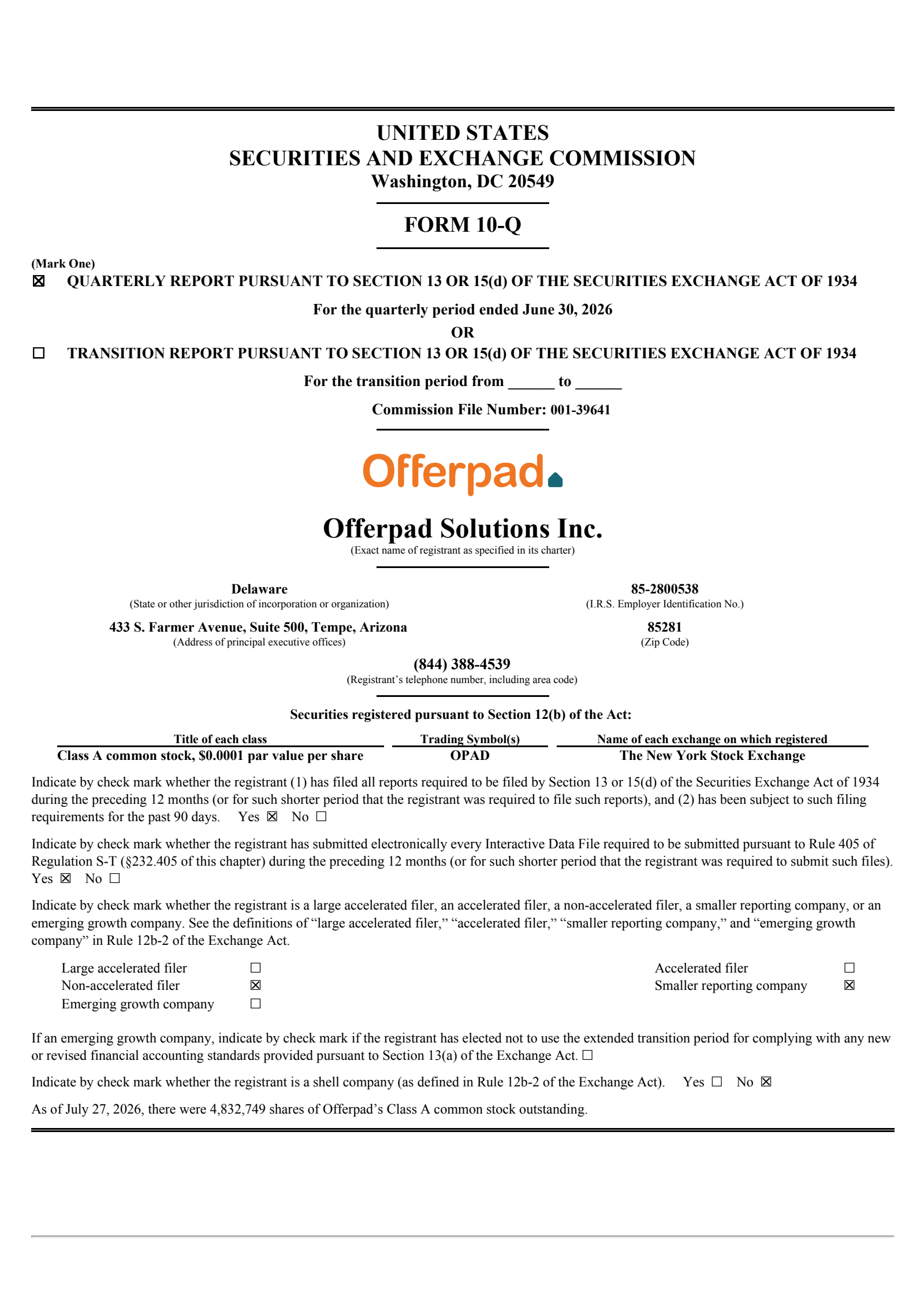 Offerpad Solutions' Q2 2026 Quarterly report