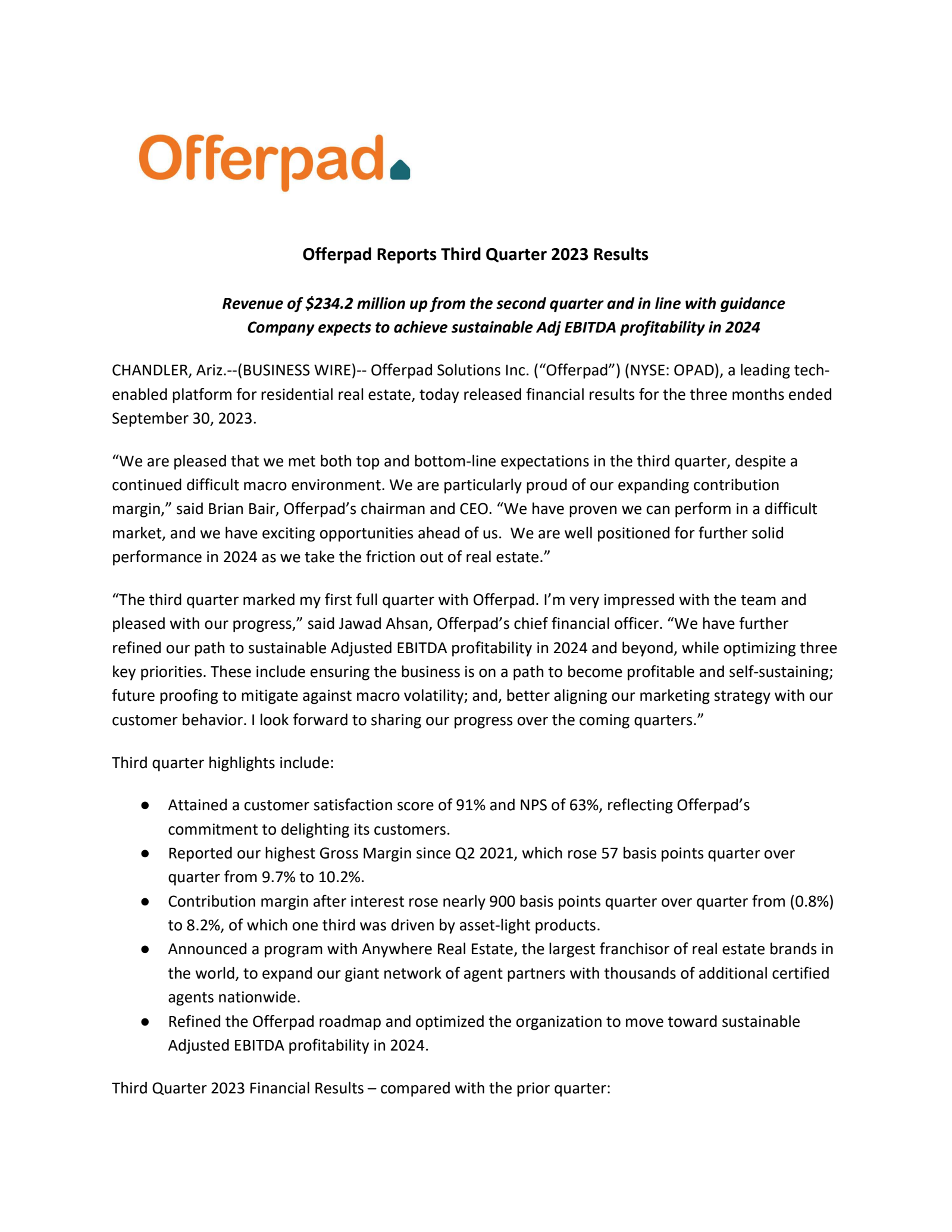 Offerpad Solutions' Q3 2023 Earnings Release