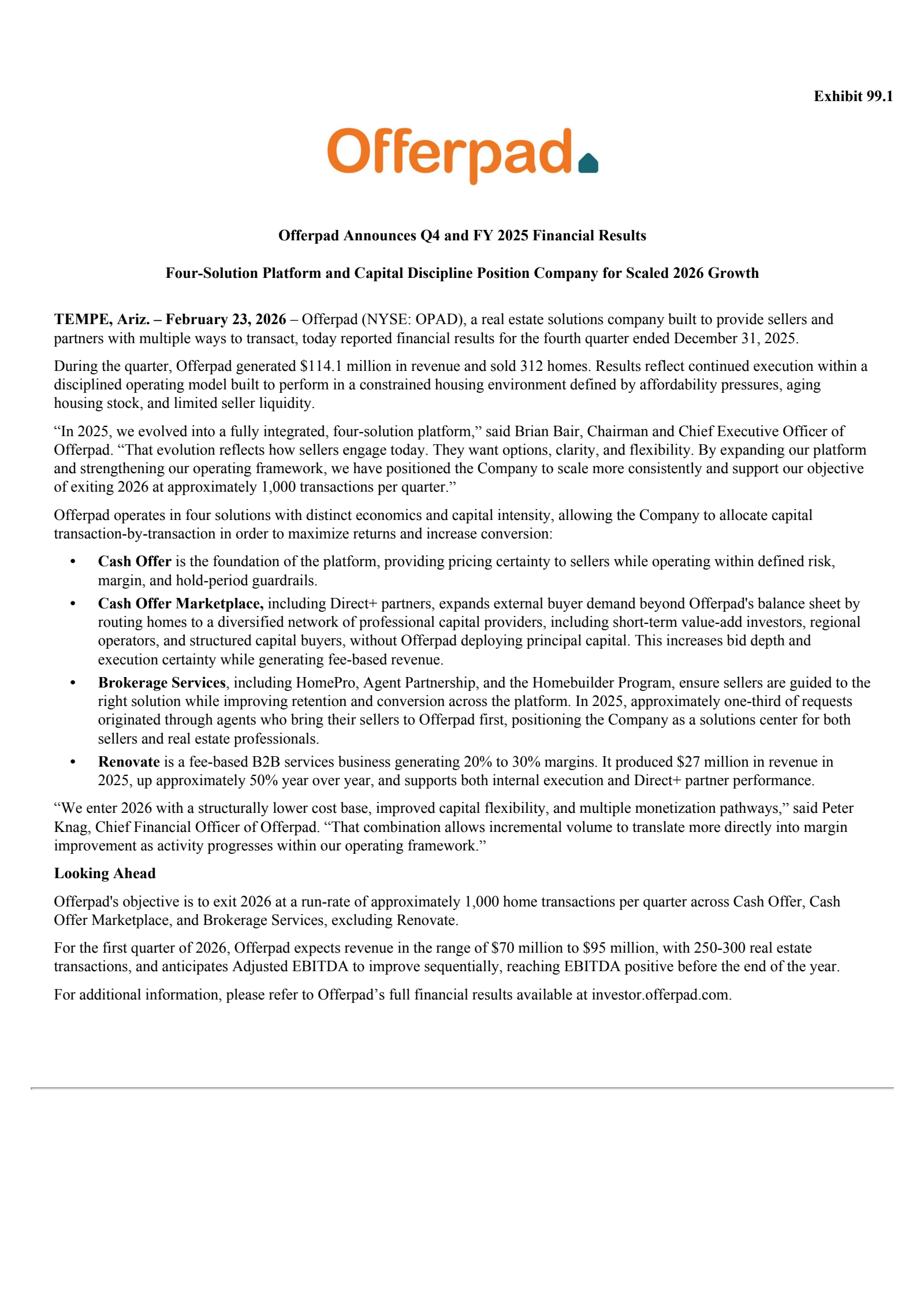 Offerpad Solutions' Q4 2025 Press Release