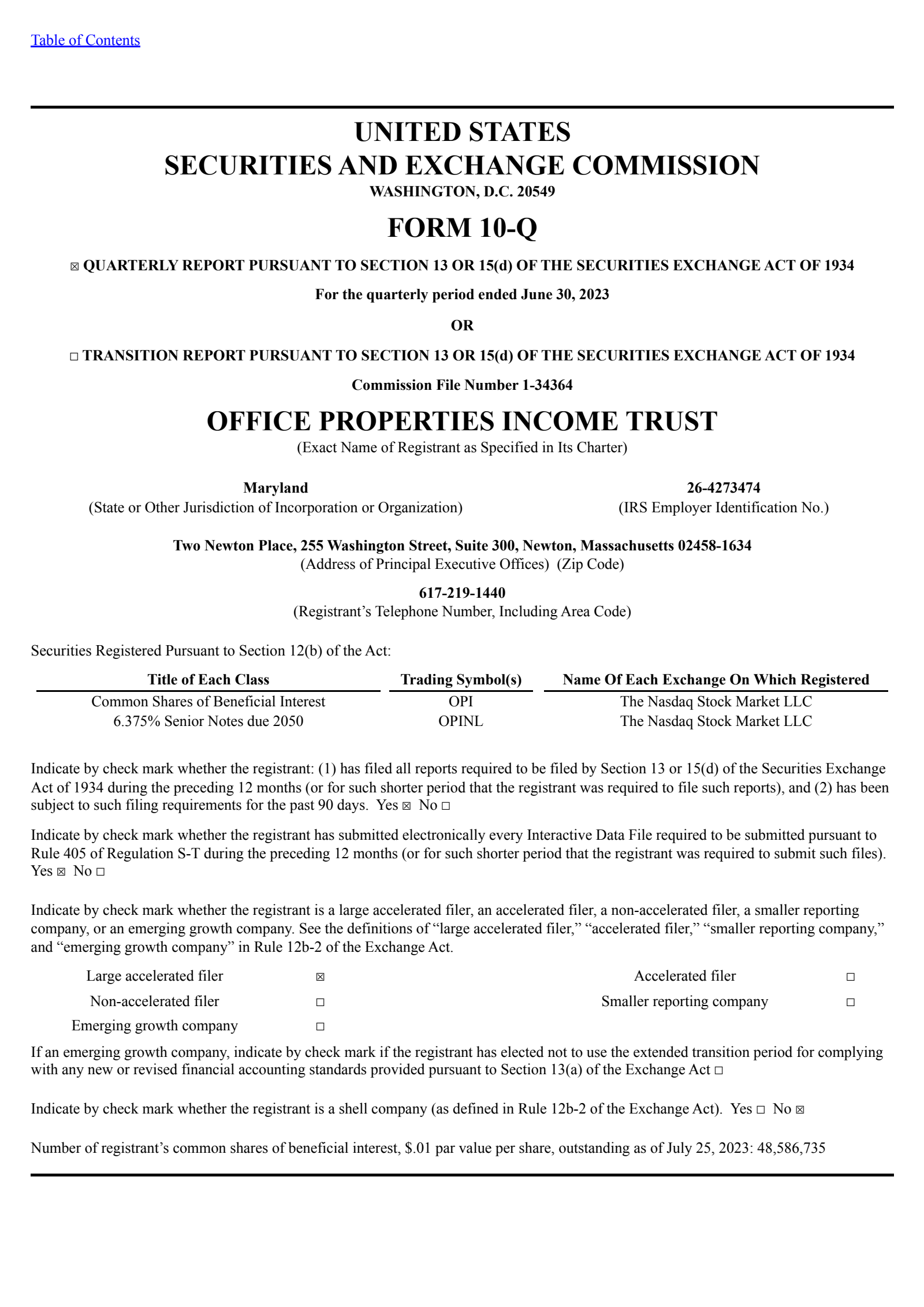 Office Properties Income Trust's Q2 2023 Quarterly report