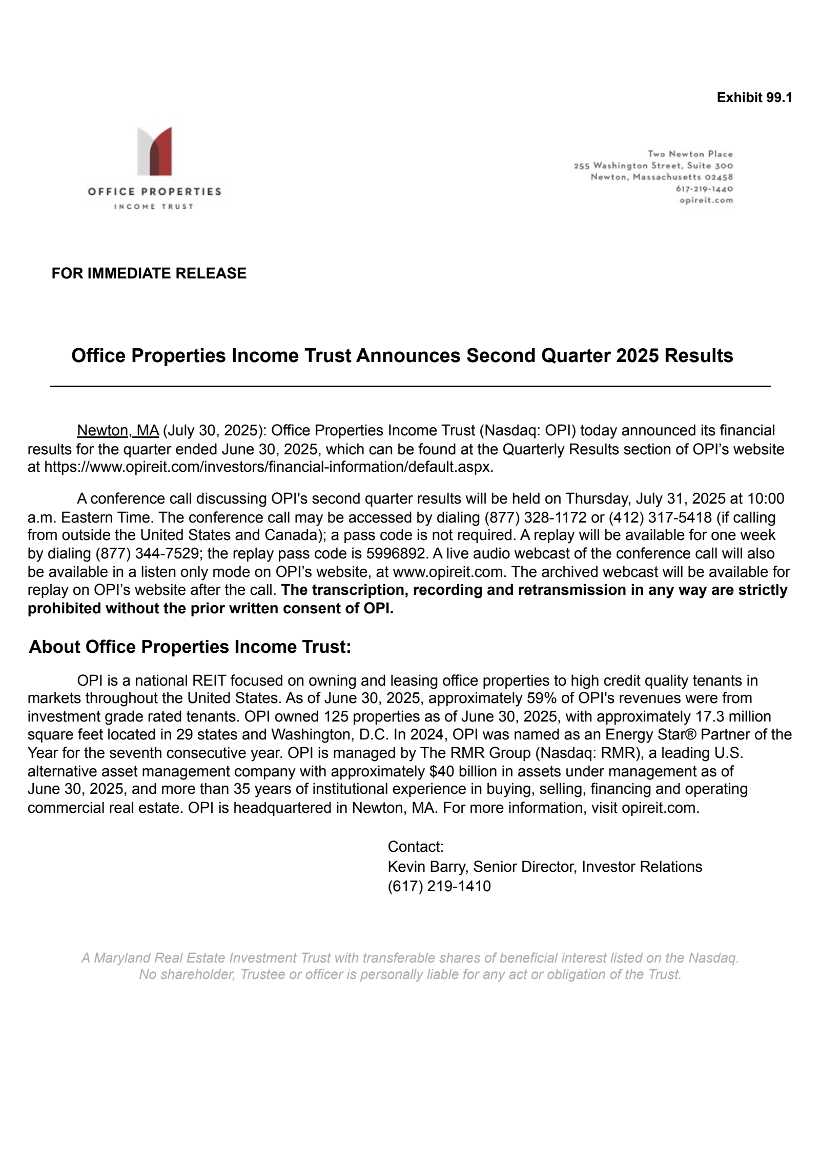 Office Properties Income Trust's Q2 2025 Press Release