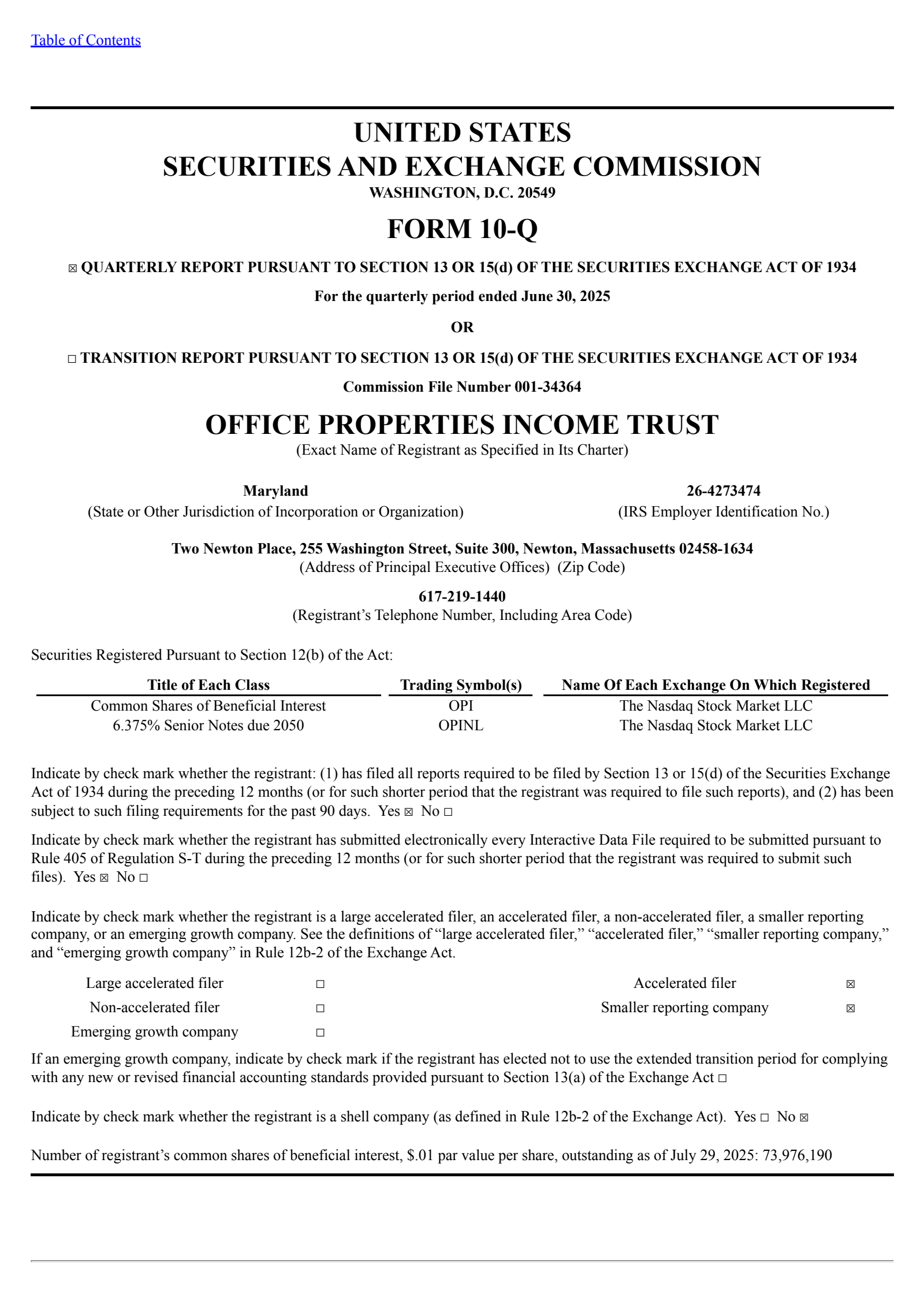 Office Properties Income Trust's Q2 2025 Quarterly report