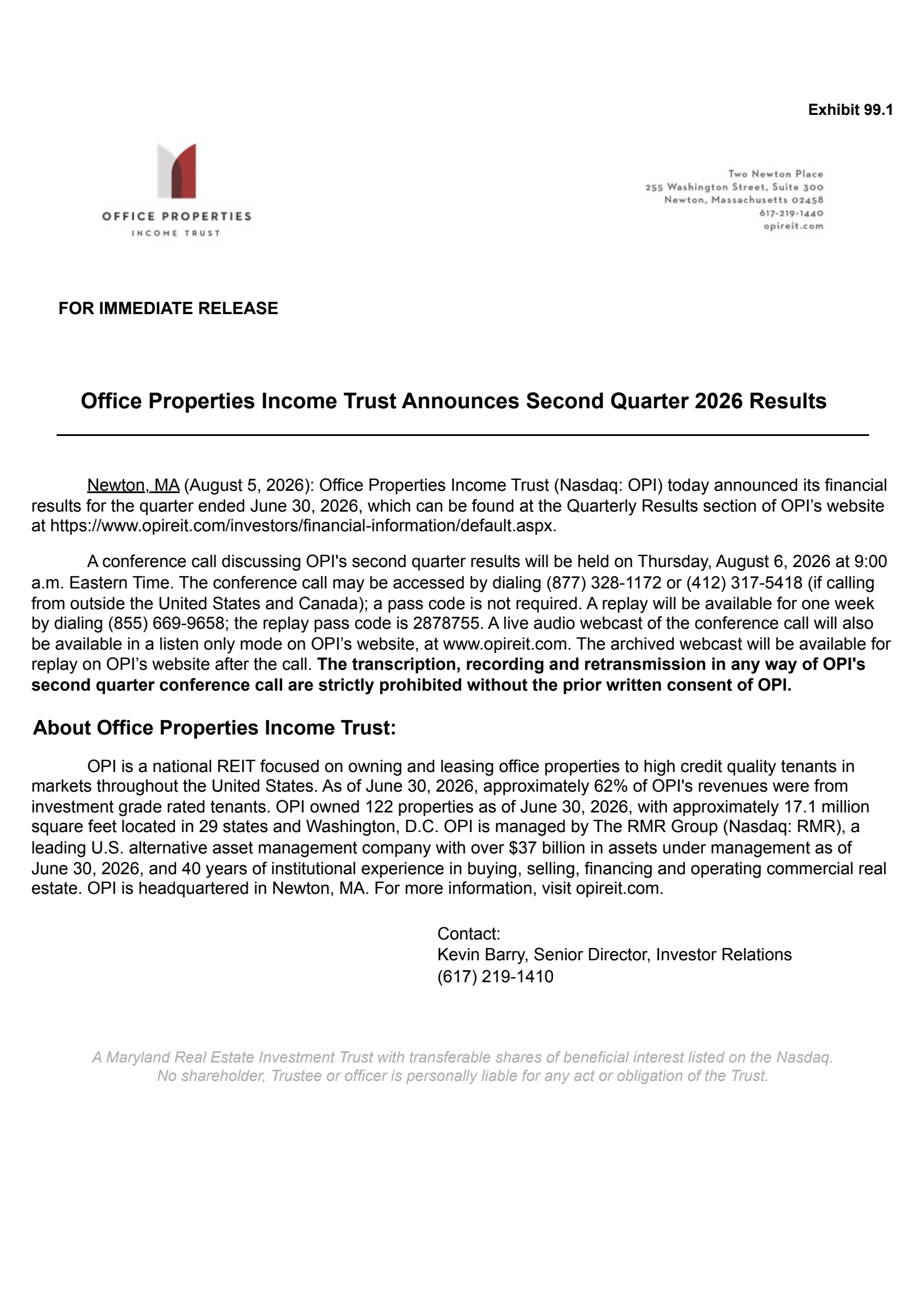Office Properties Income Trust's Q2 2026 Press Release