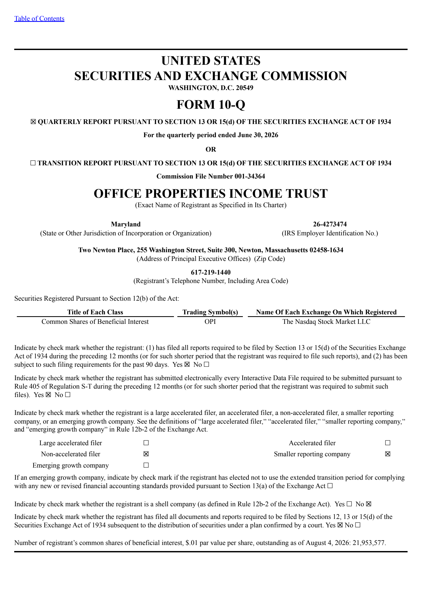 Office Properties Income Trust's Q2 2026 Quarterly report