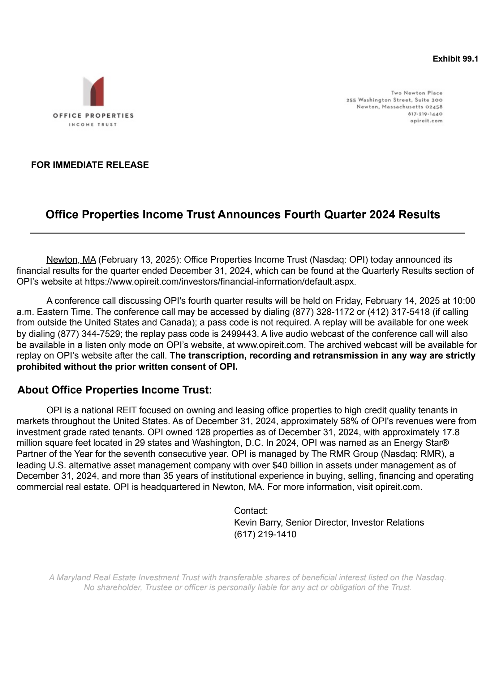 Office Properties Income Trust's Q4 2024 Press Release