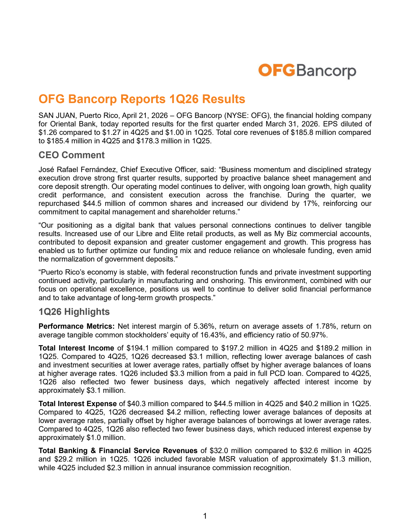 OFG Bancorp's Q1 2026 Press Release