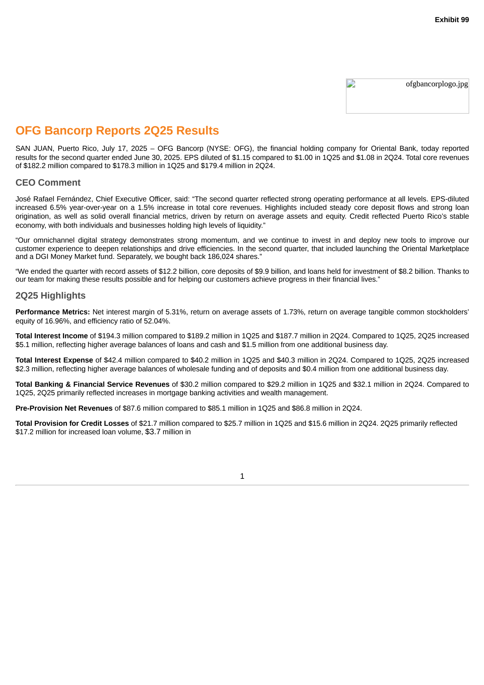 OFG Bancorp's Q2 2025 Press Release