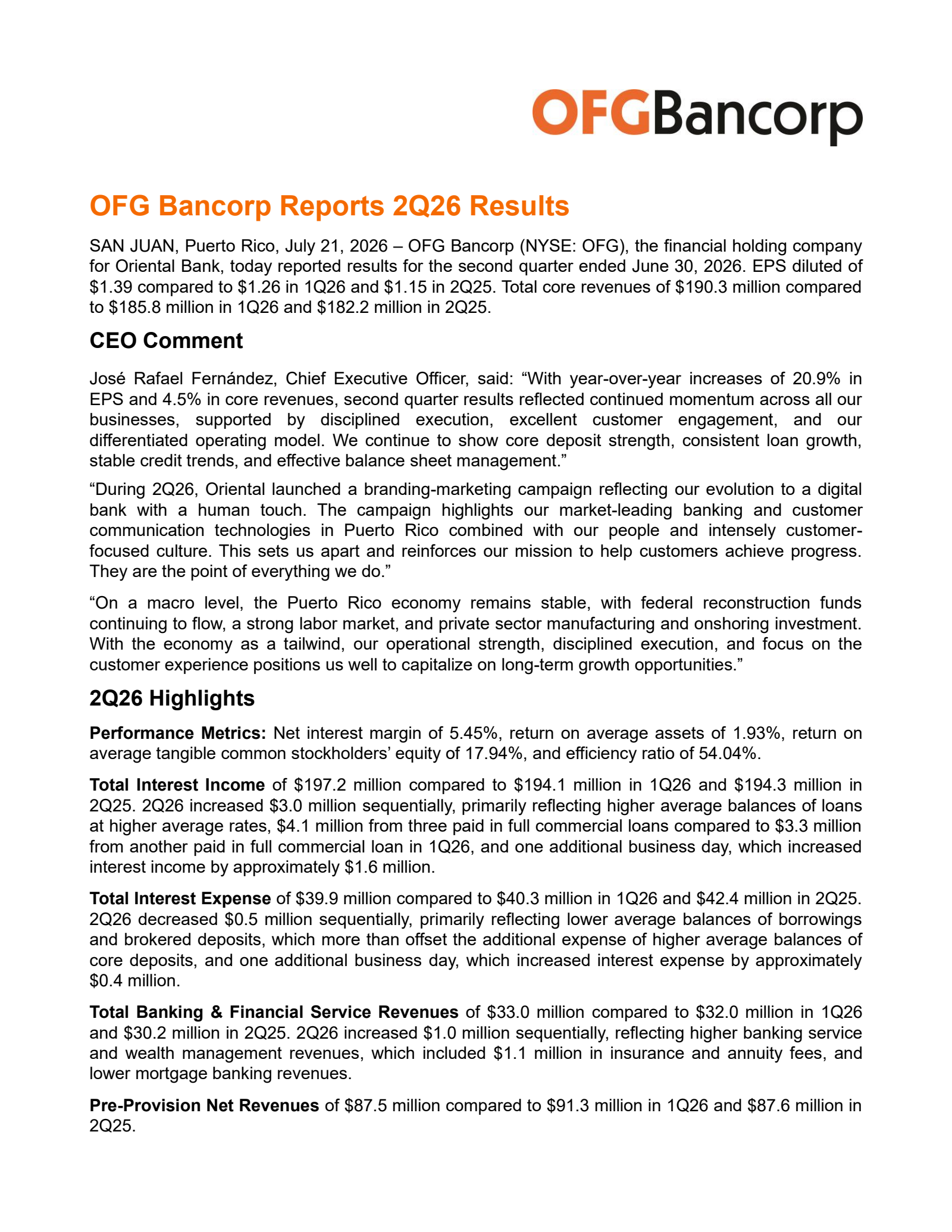 OFG Bancorp's Q2 2026 Press Release