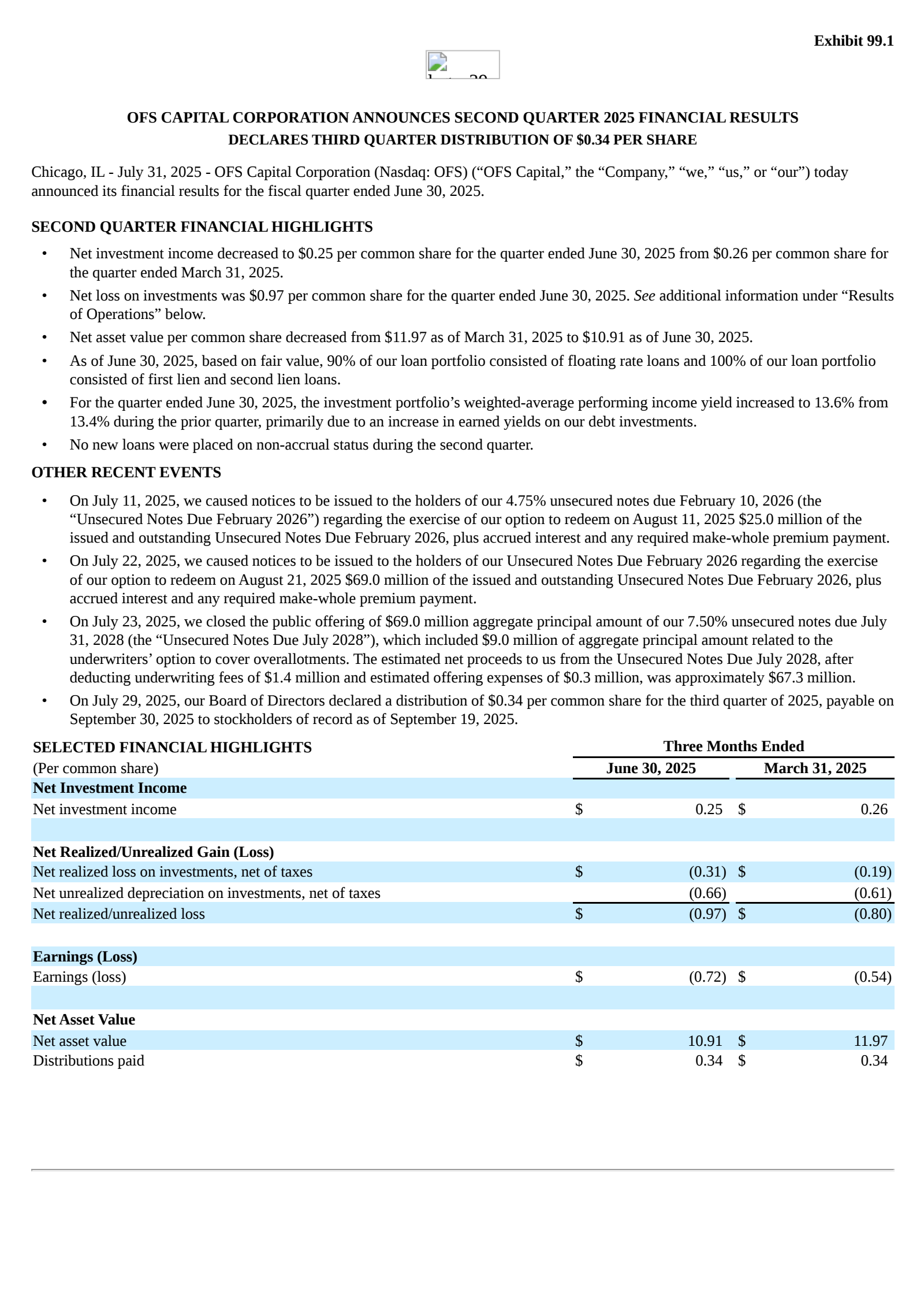 OFS Capital's Q2 2025 Press Release