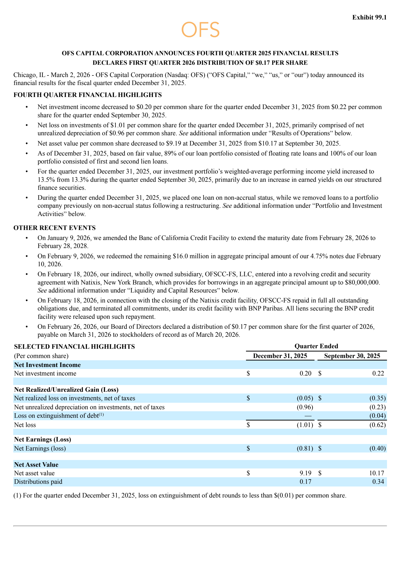 OFS Capital's Q4 2025 Press Release