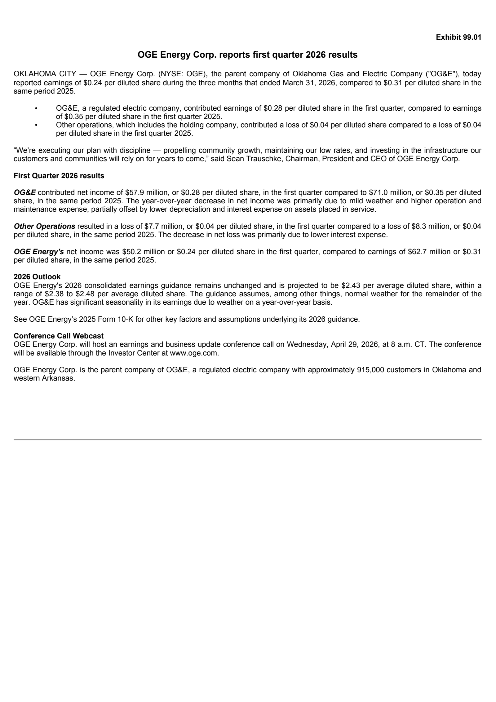 OGE Energy's Q1 2026 Press Release