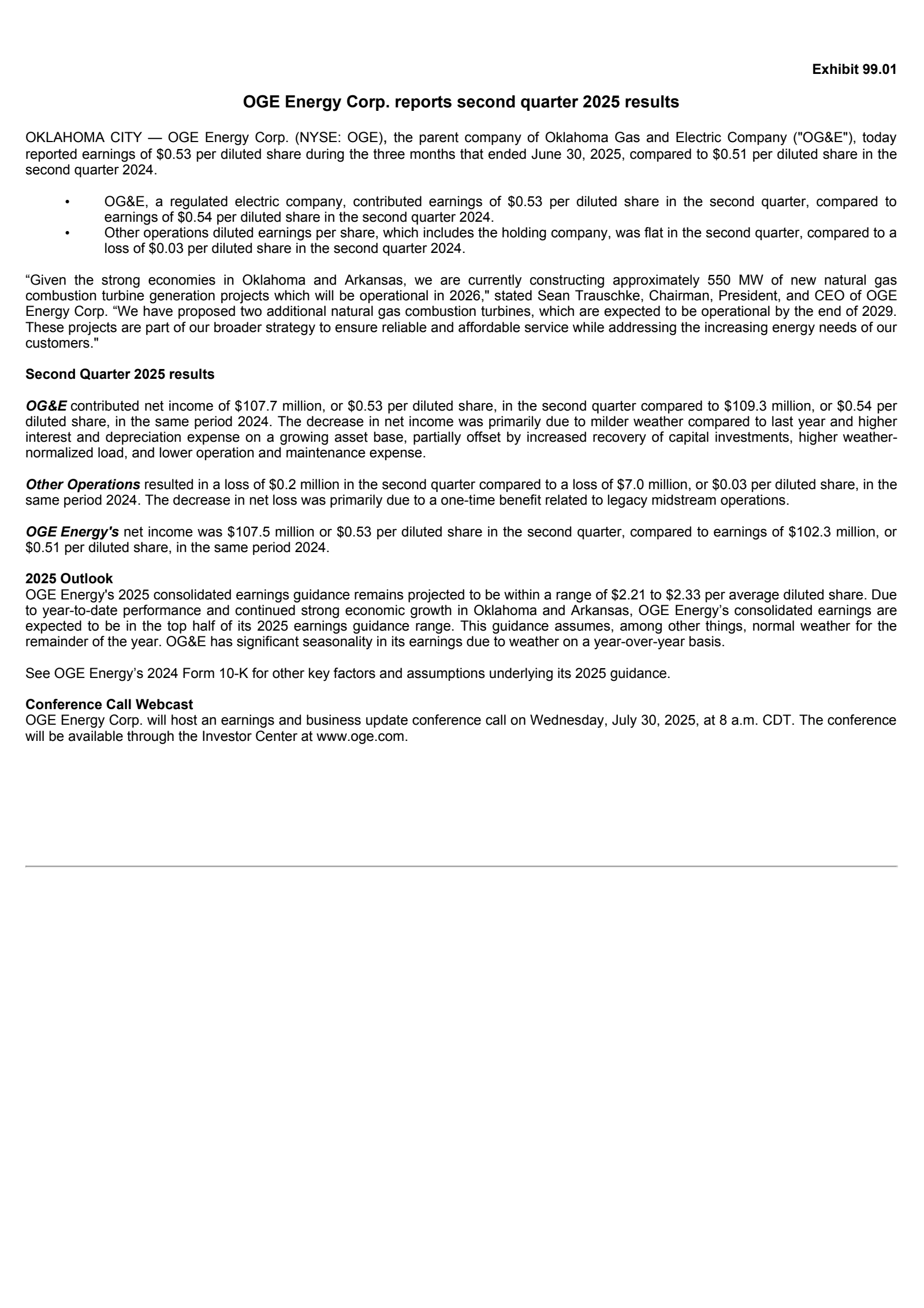 OGE Energy's Q2 2025 Press Release