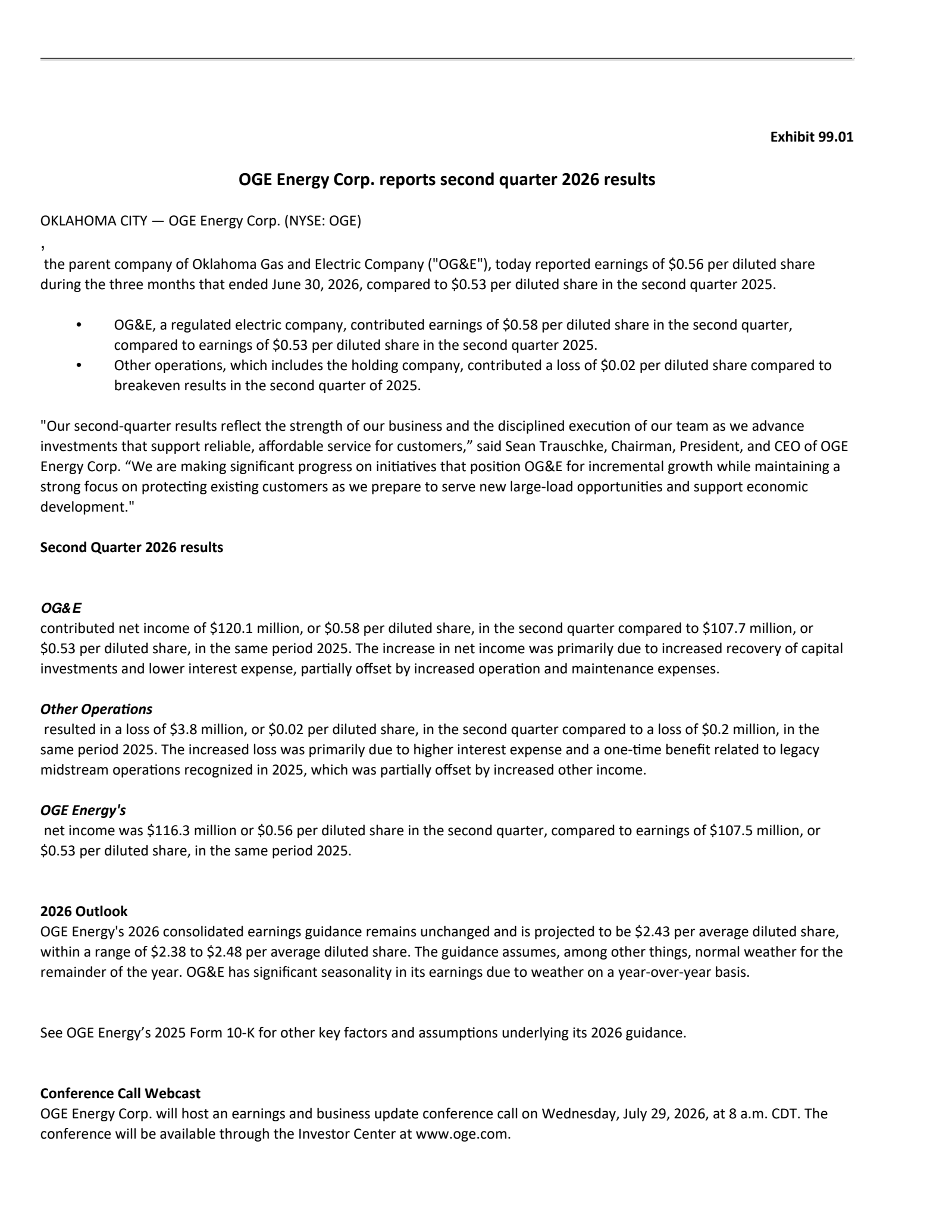 OGE Energy's Q2 2026 Press Release