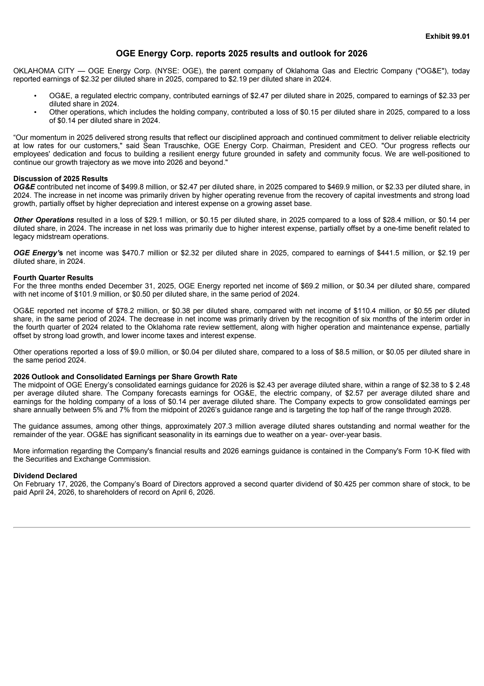 OGE Energy's Q4 2025 Press Release