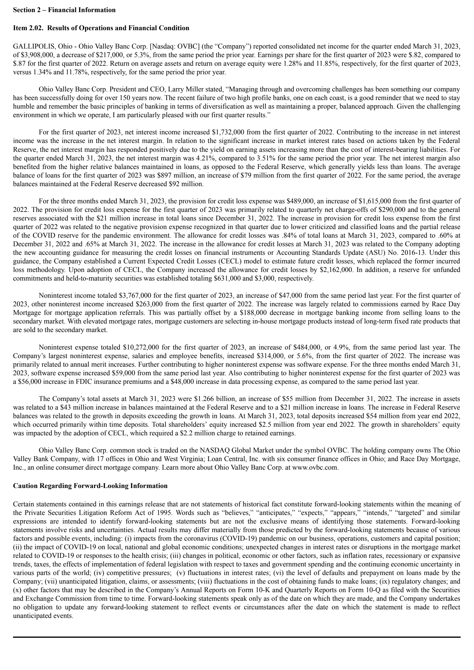 Ohio Valley Banc's Q1 2023 Press Release