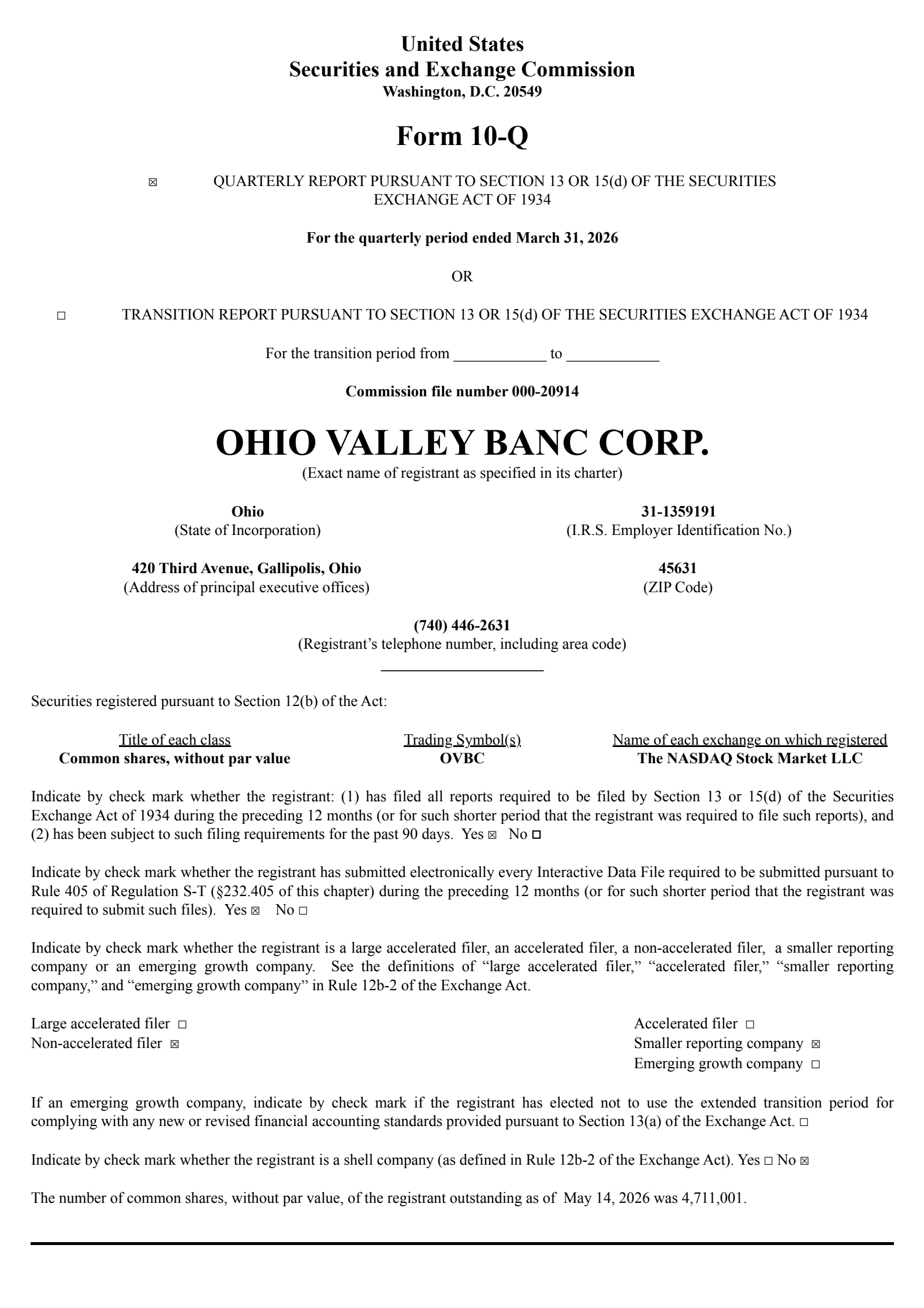 Ohio Valley Banc's Q1 2026 Quarterly report
