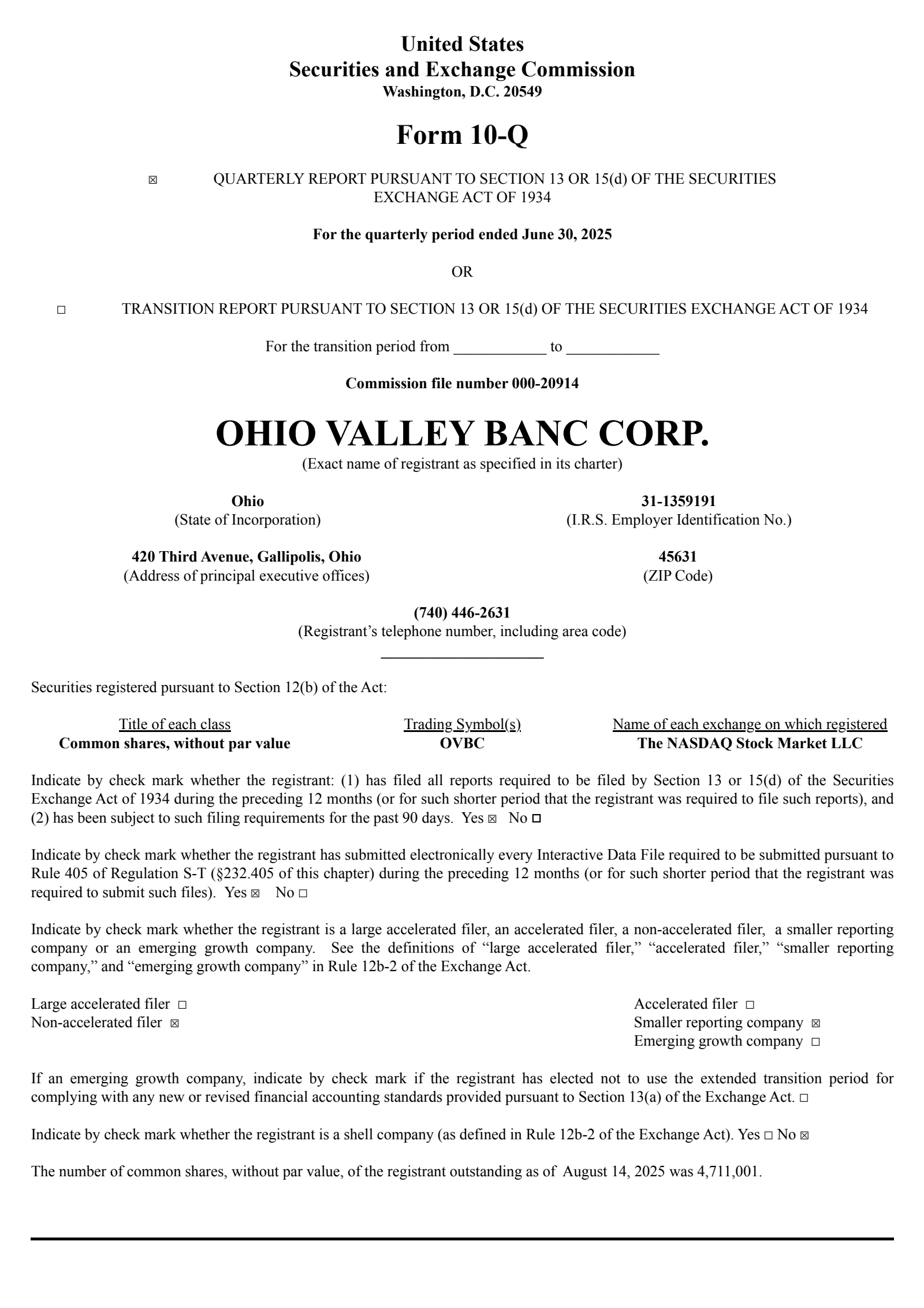 Ohio Valley Banc's Q2 2025 Quarterly report