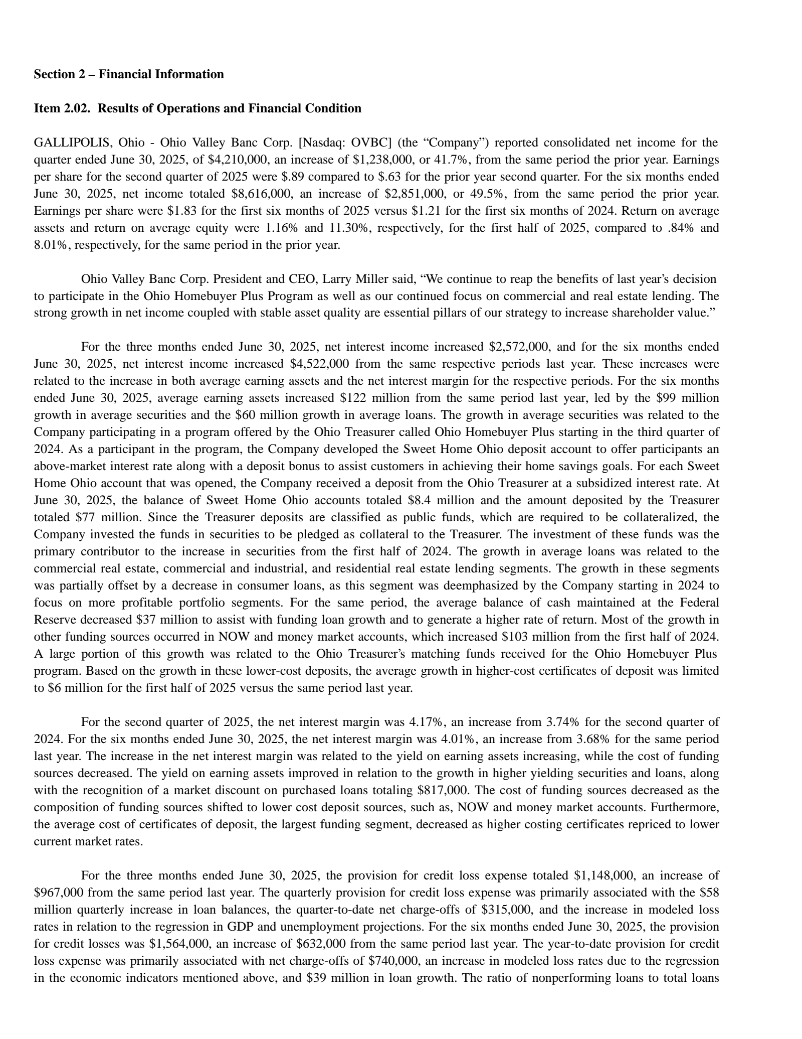 Ohio Valley Banc's Q2 2025 Press Release