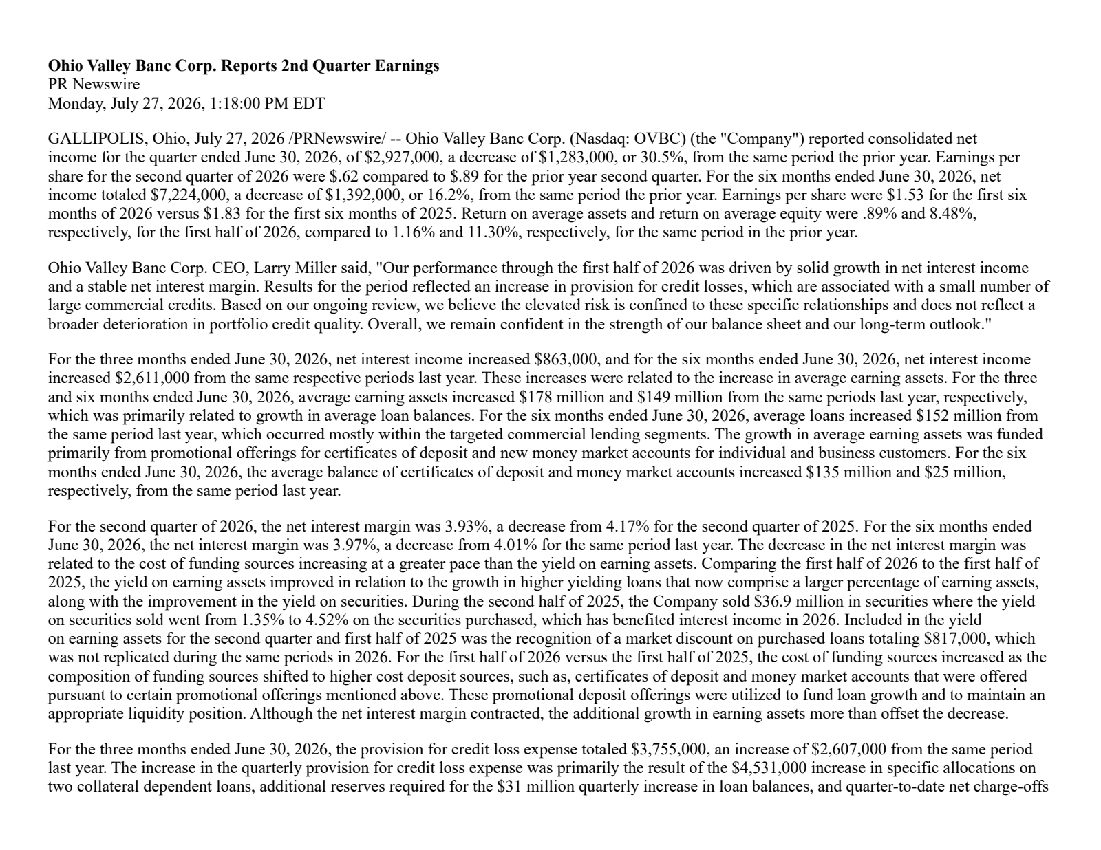 Ohio Valley Banc's Q2 2026 Press Release