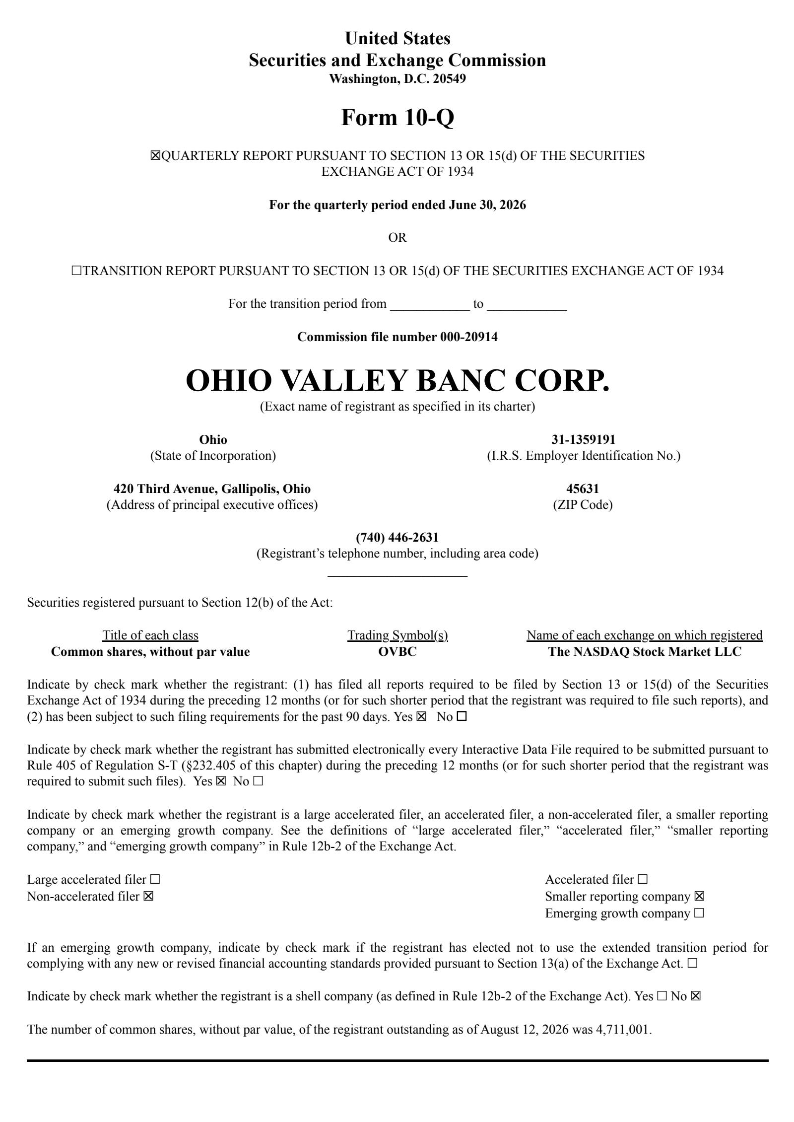 Ohio Valley Banc's Q2 2026 Quarterly report