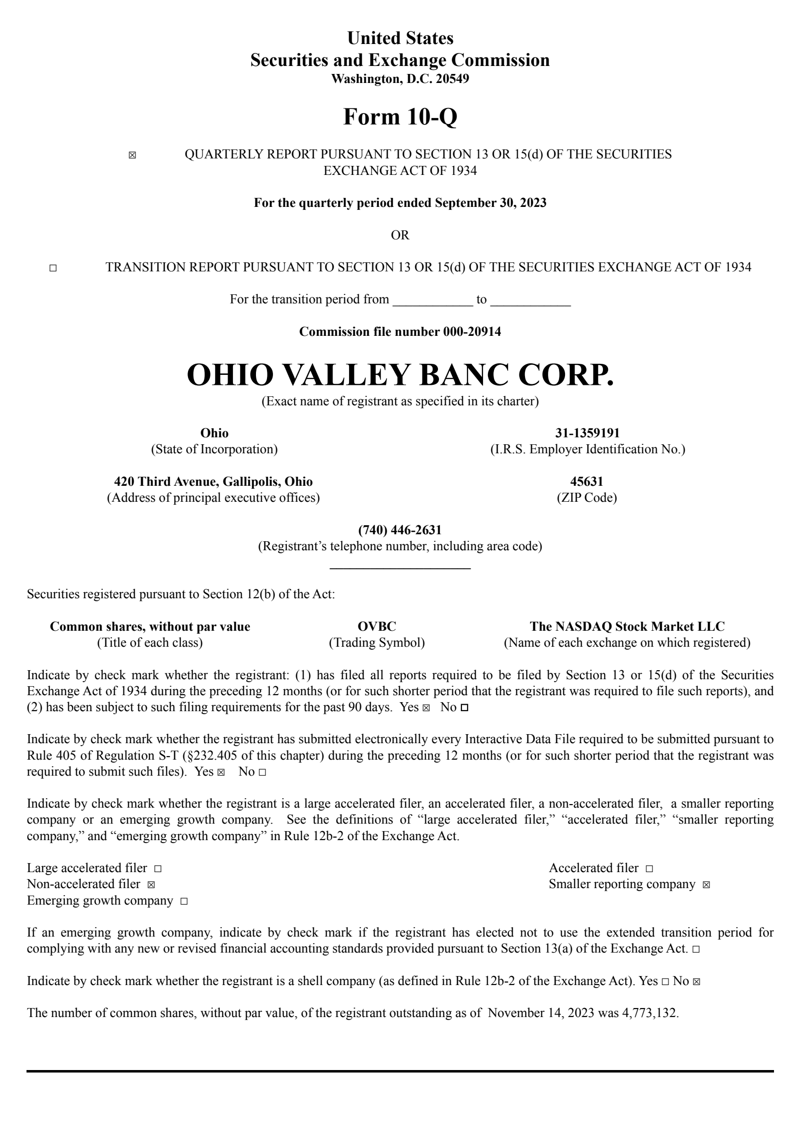 Ohio Valley Banc's Q3 2023 Quarterly report