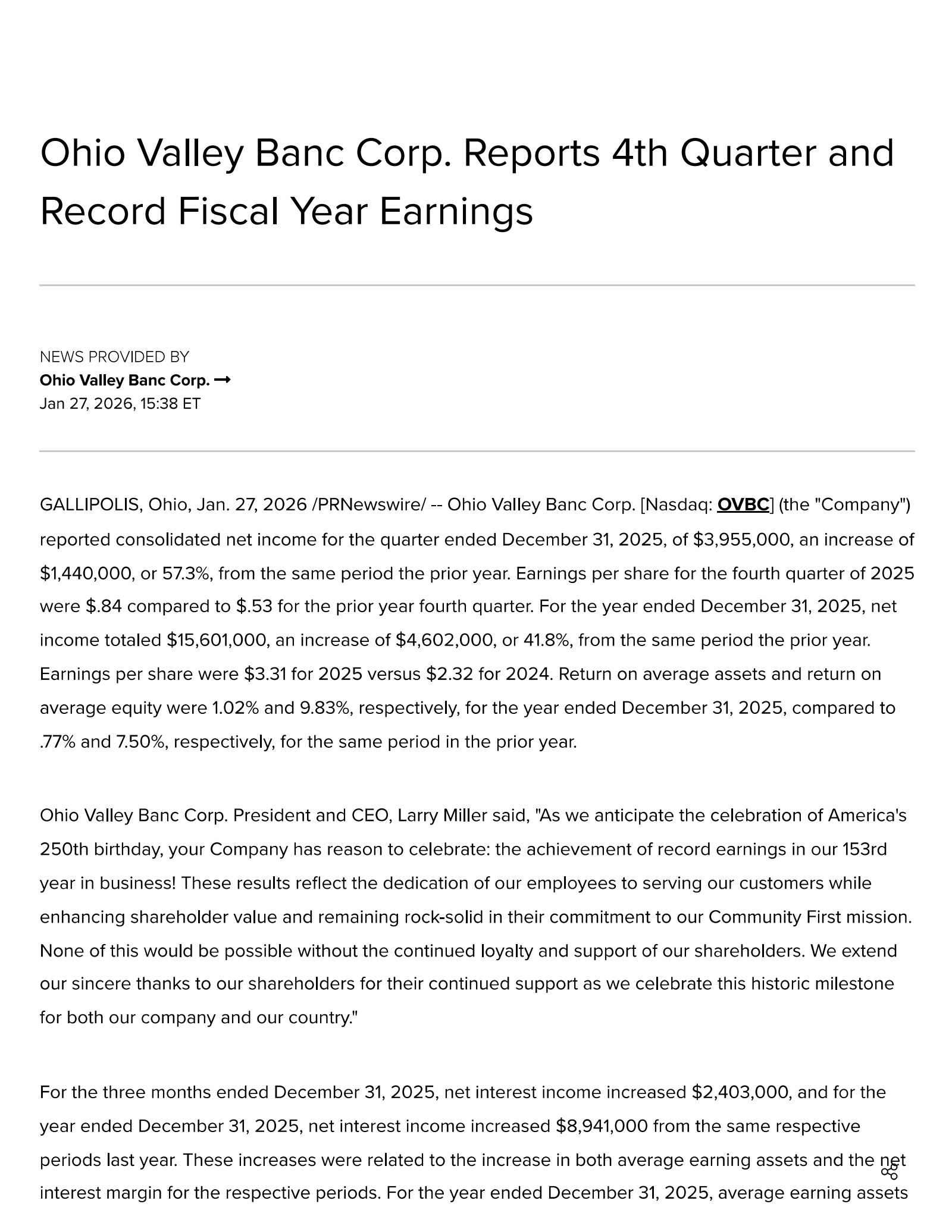 Ohio Valley Banc's Q4 2025 Press Release