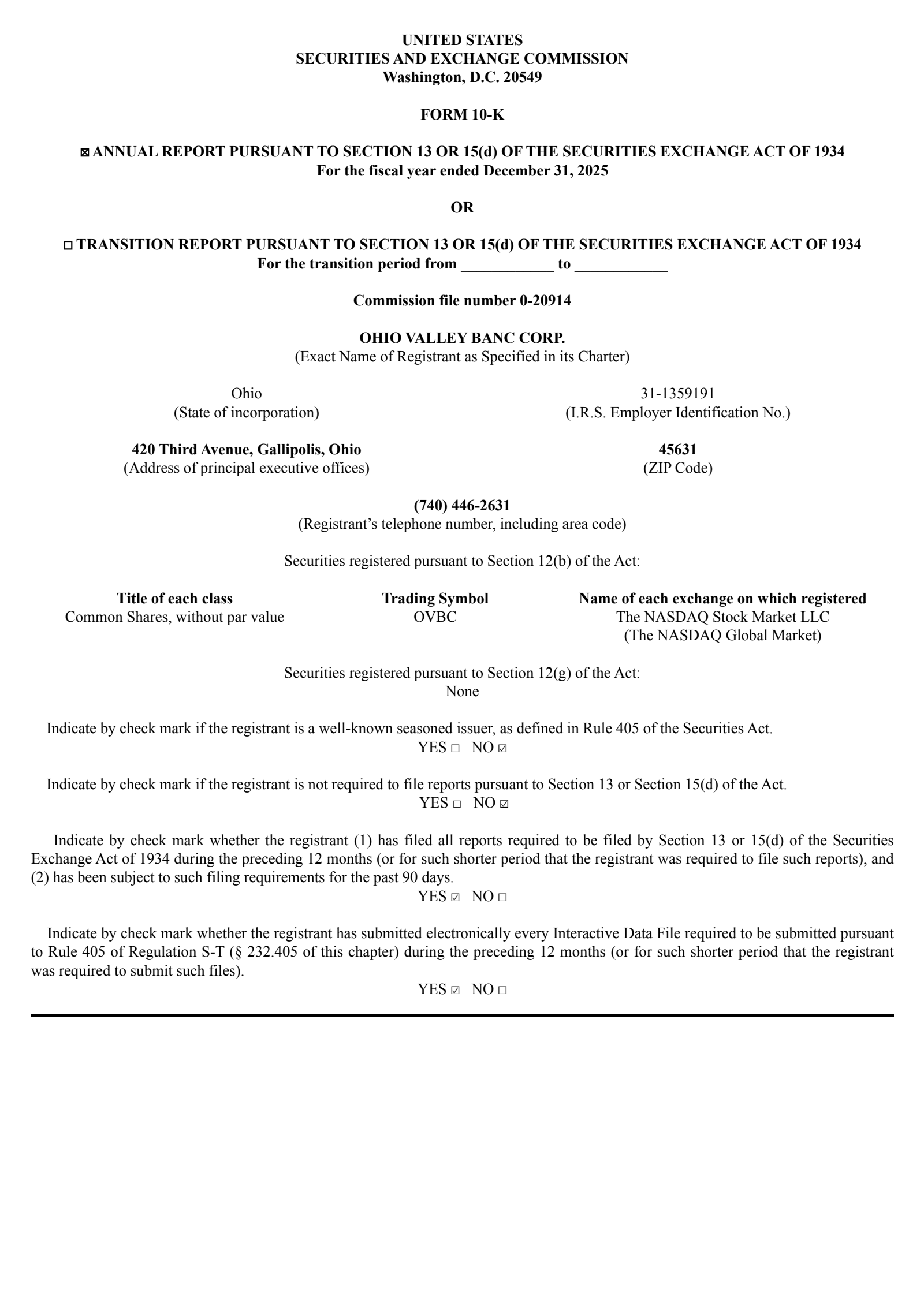 Ohio Valley Banc's Q4 2025 Annual report