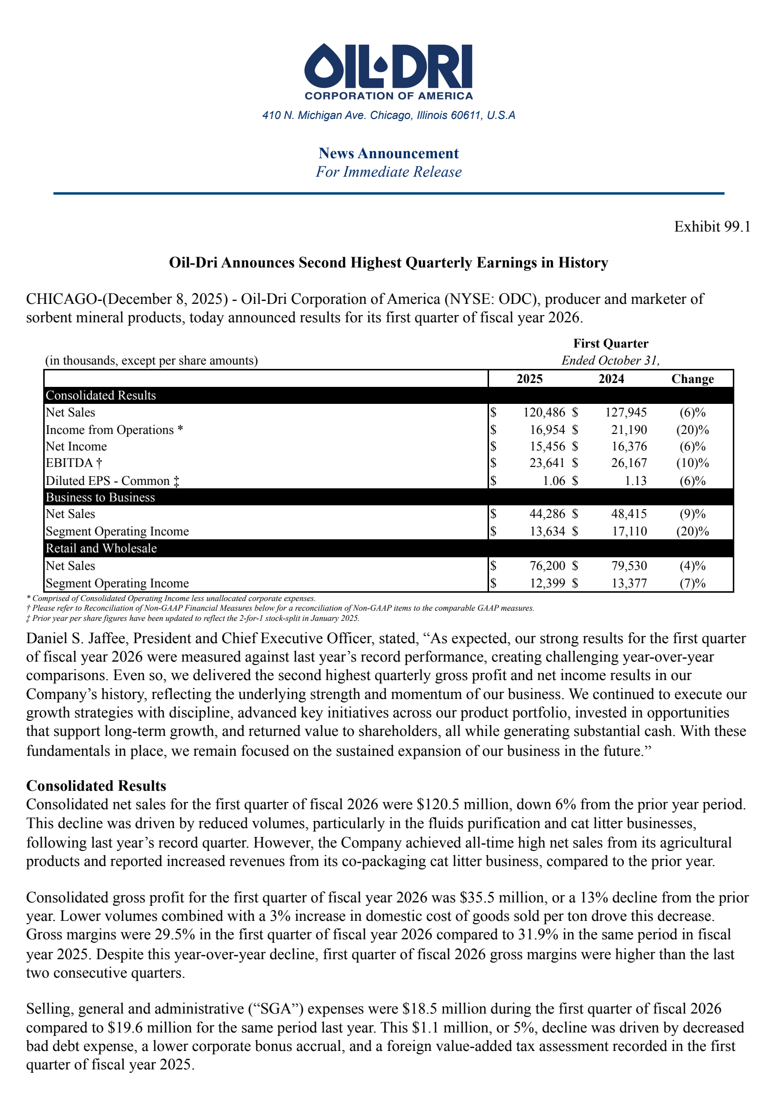 Oil-Dri Corporation Of America's Q1 2026 & AGM 2025 Earnings Release