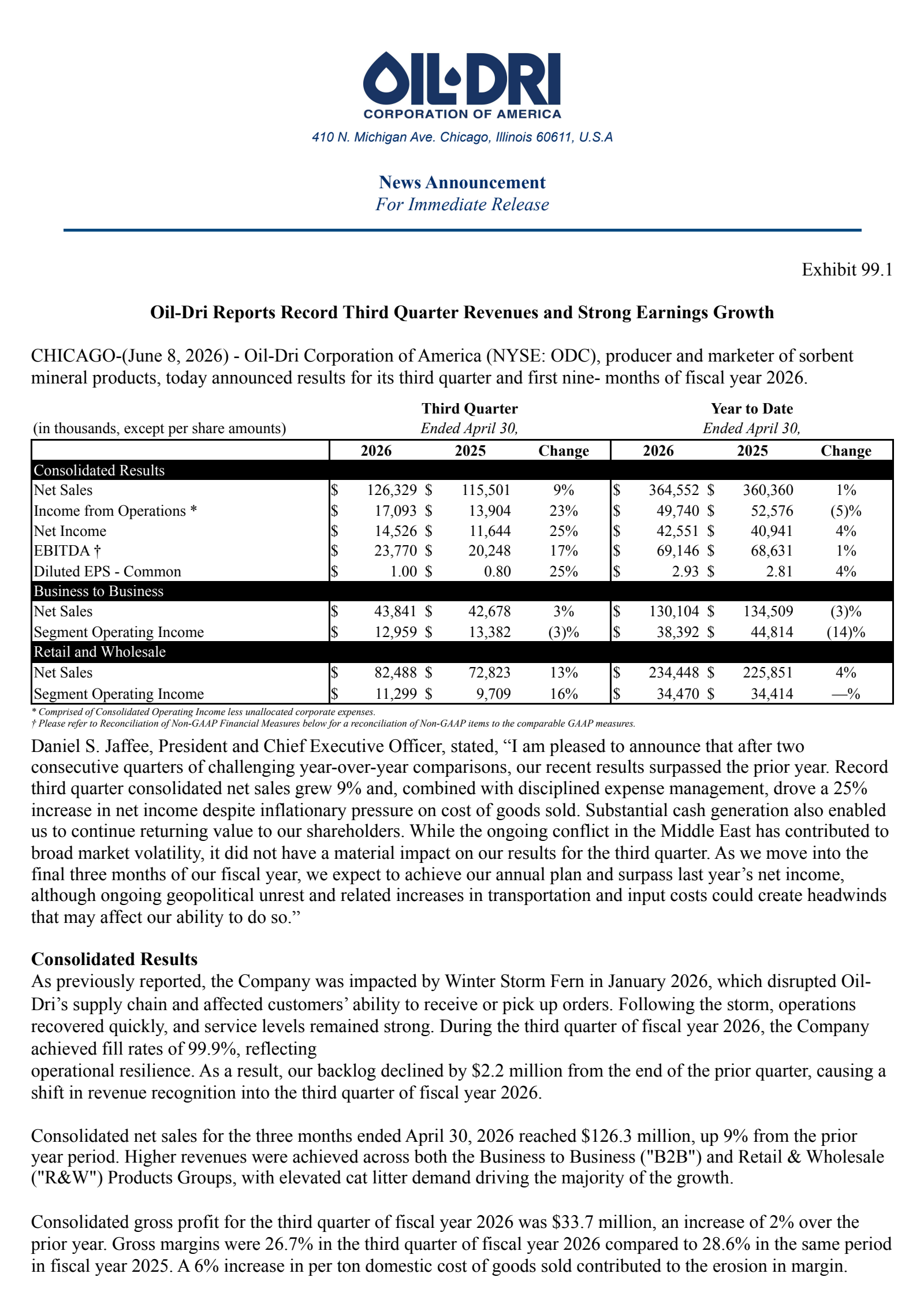 Oil-Dri Corporation Of America's Q3 2026 Press Release