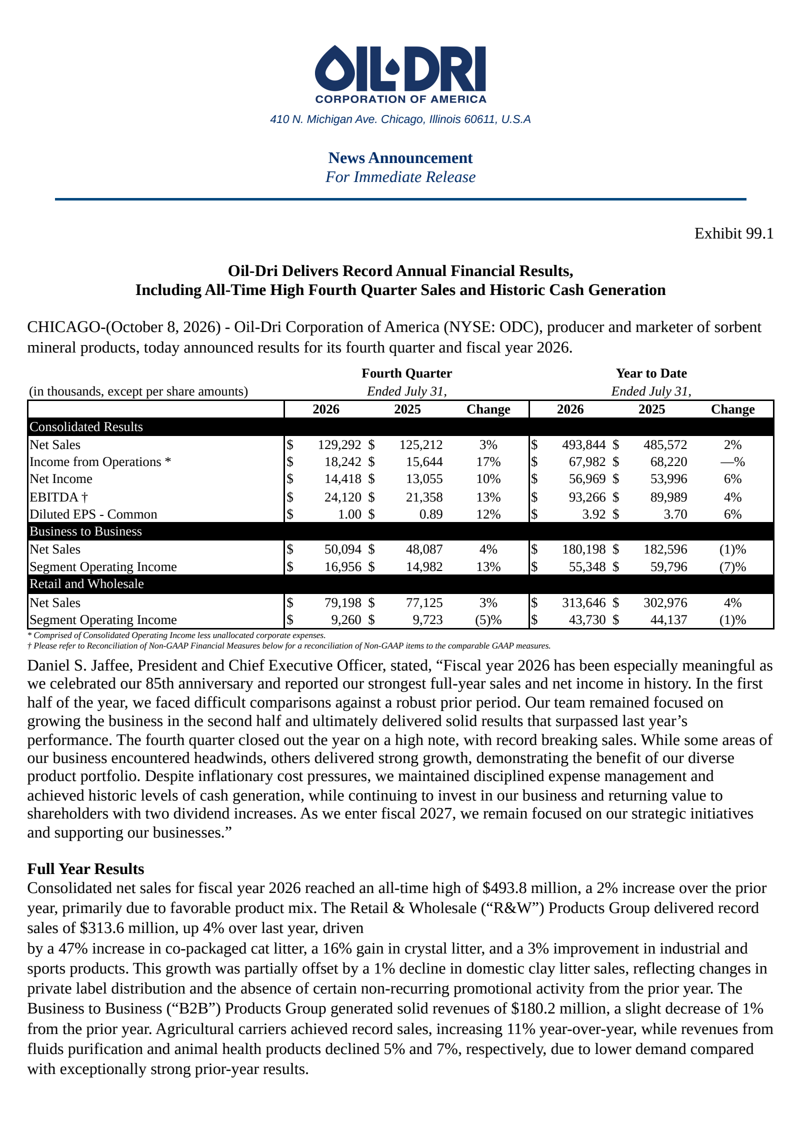Oil-Dri Corporation Of America's Q4 2026 Press Release