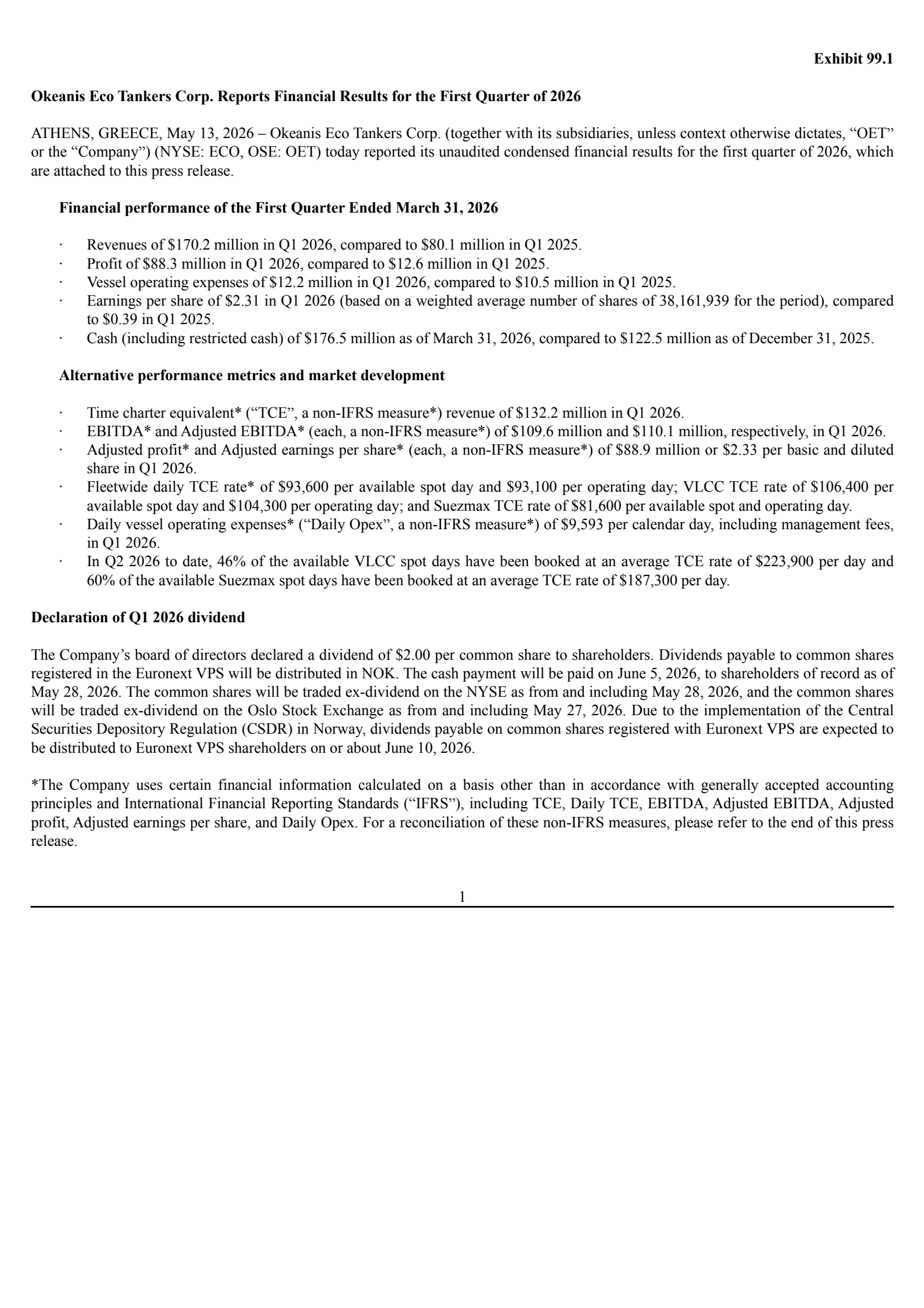 Okeanis Eco Tankers' Q1 2026 Press Release