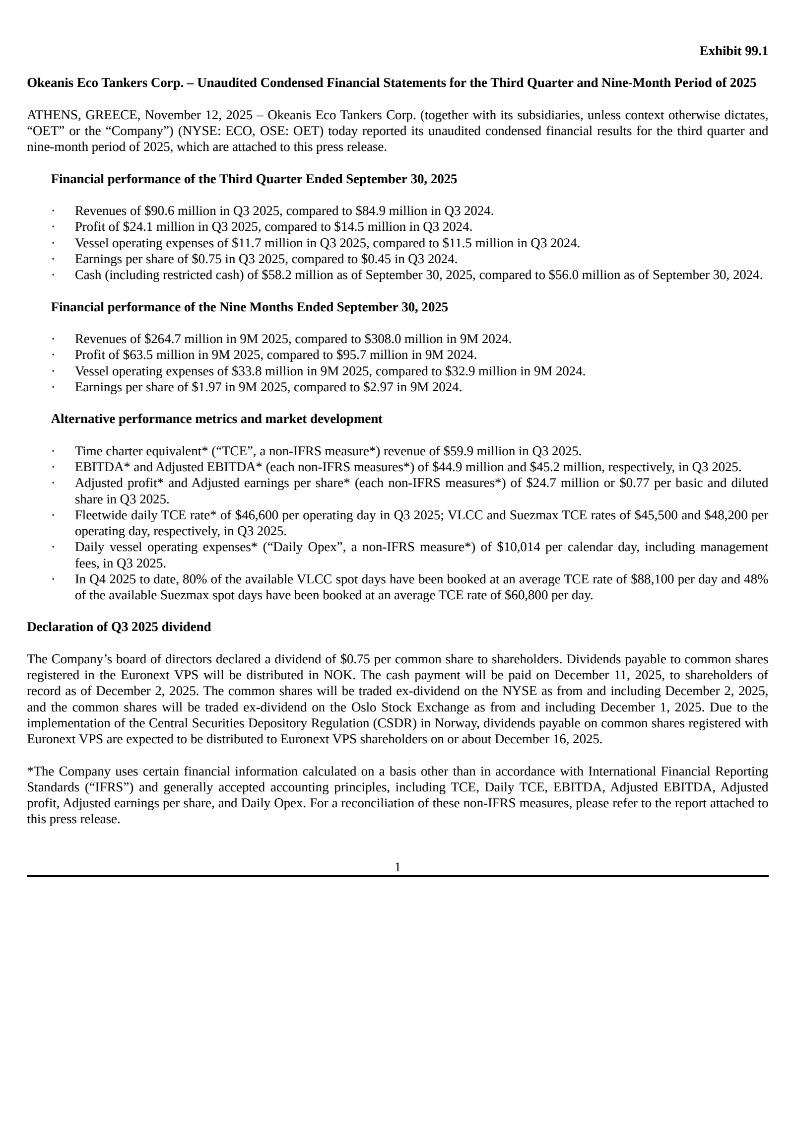 Okeanis Eco Tankers' Q3 2025 Earnings Release