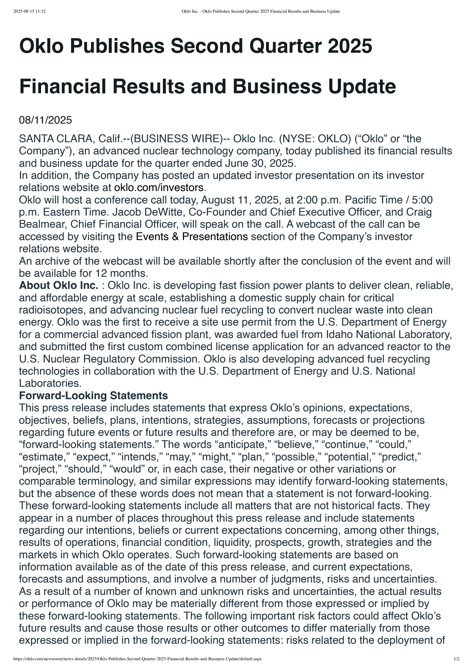 Oklo's Q2 2025 Press Release