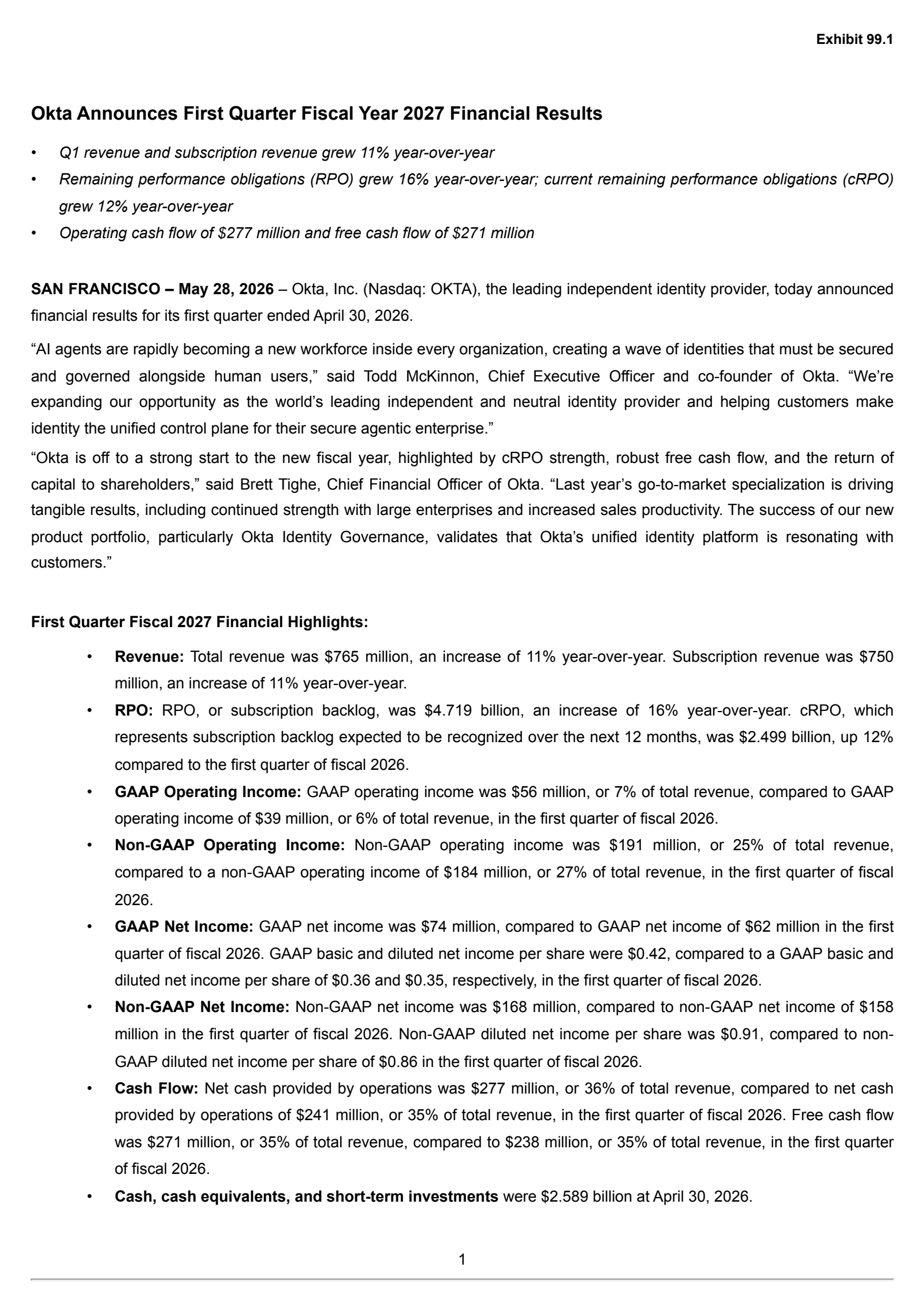 Okta's Q1 2027 Press Release