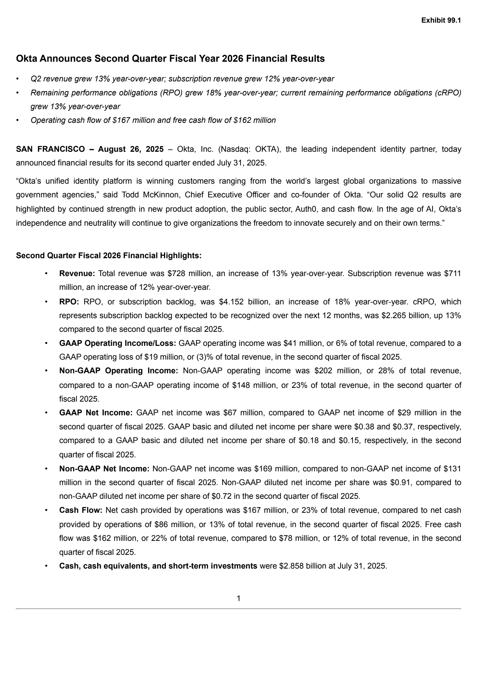 Okta's Q2 2026 Press Release