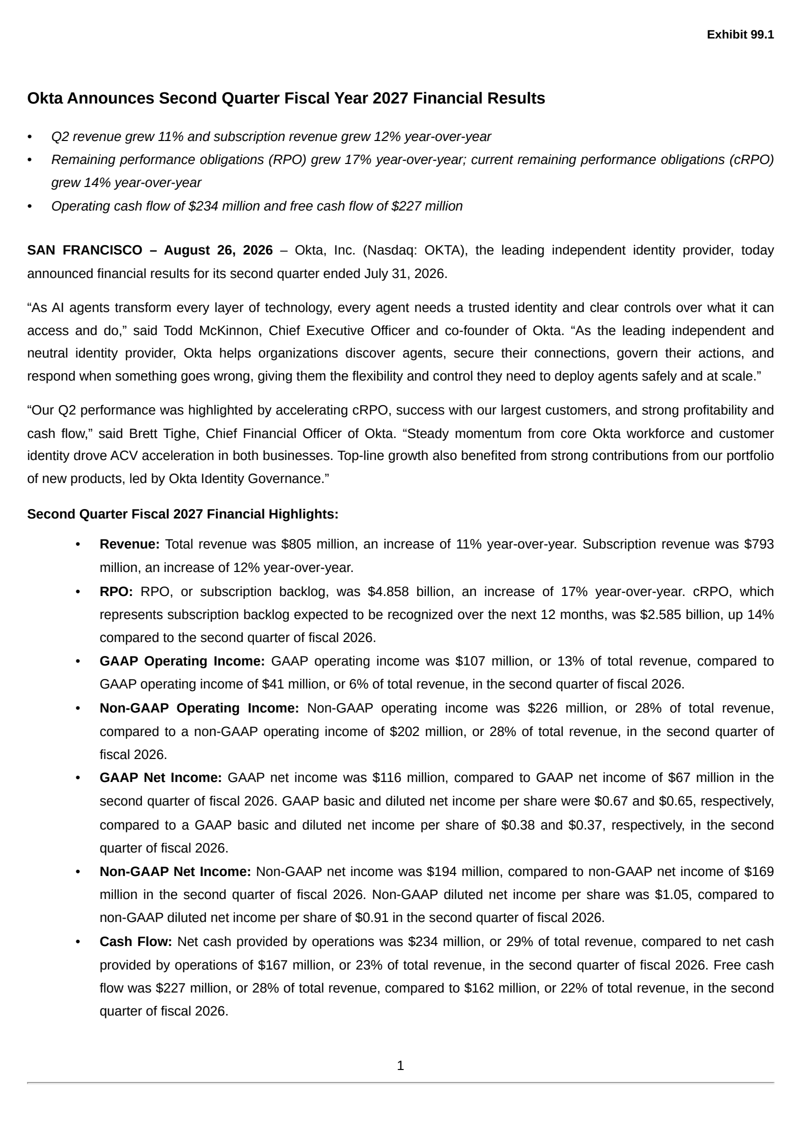 Okta's Q2 2027 Press Release