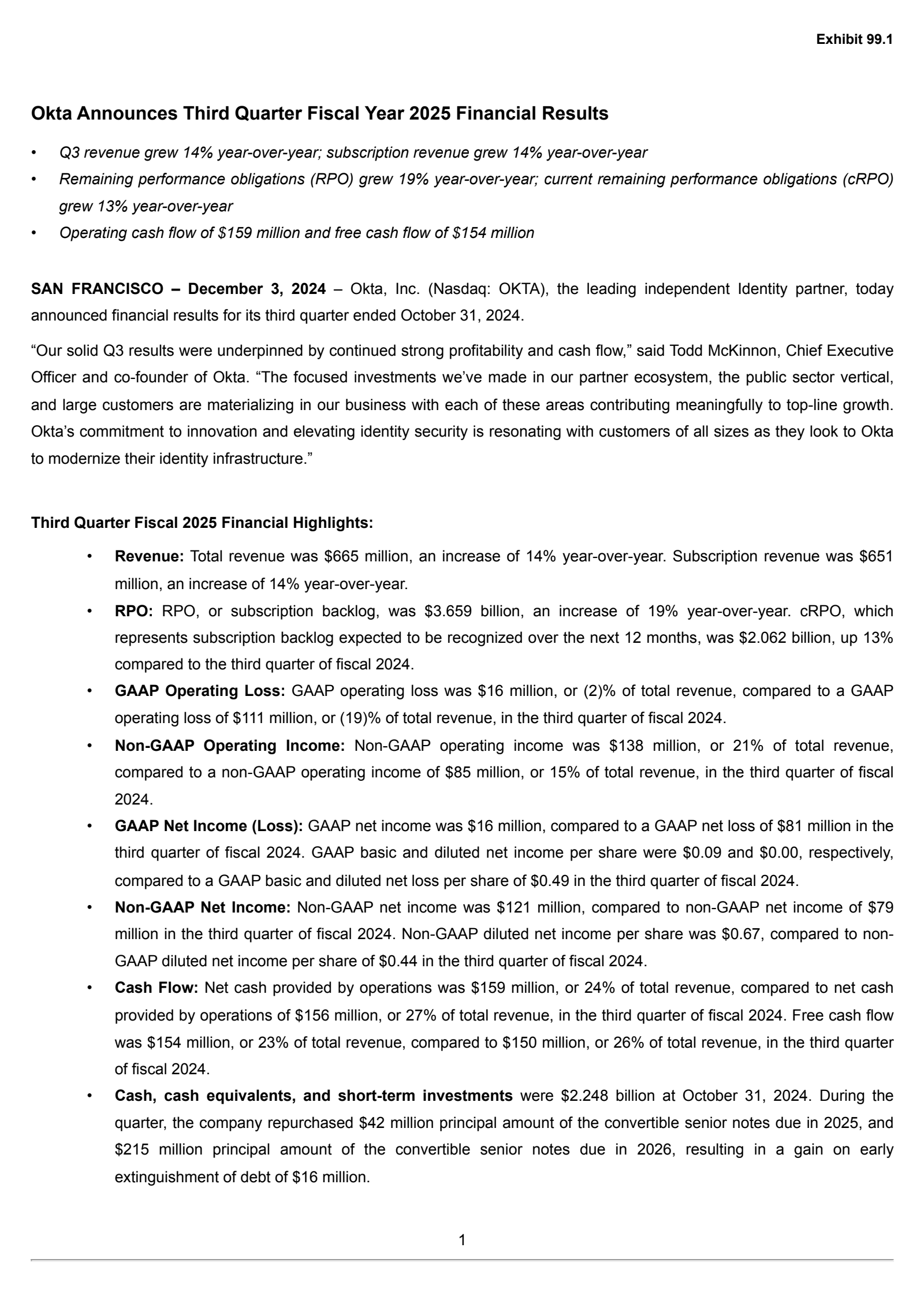 Okta's Q3 2025 Press Release