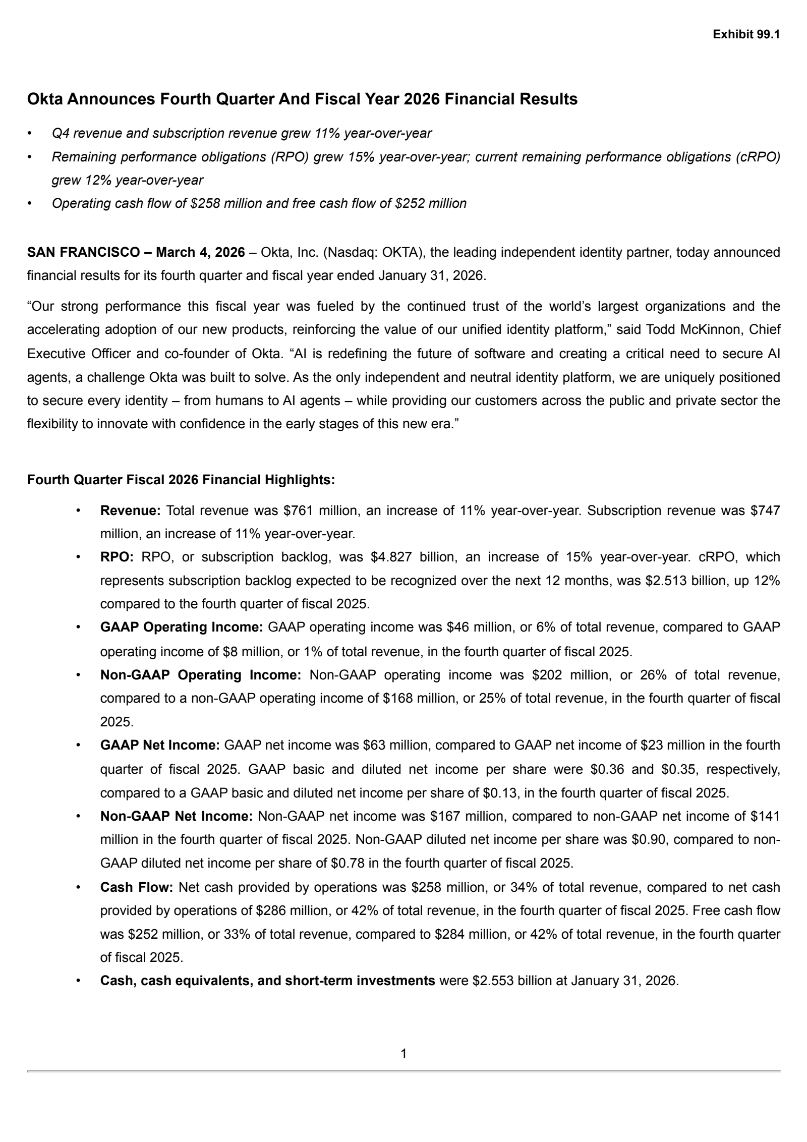 Okta's Q4 2026 Press Release