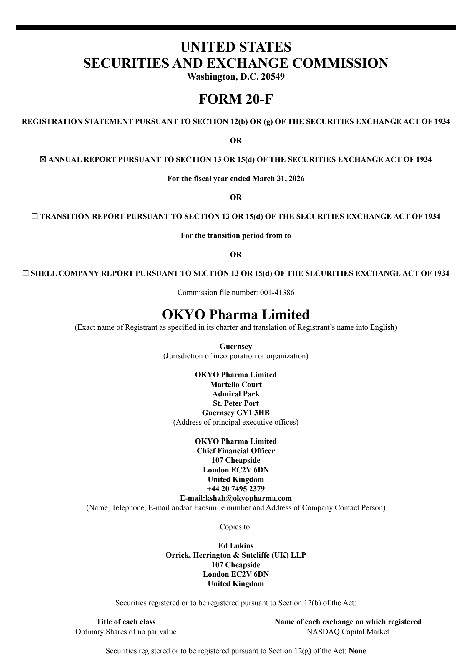 OKYO Pharma's Q4 2026 Annual report