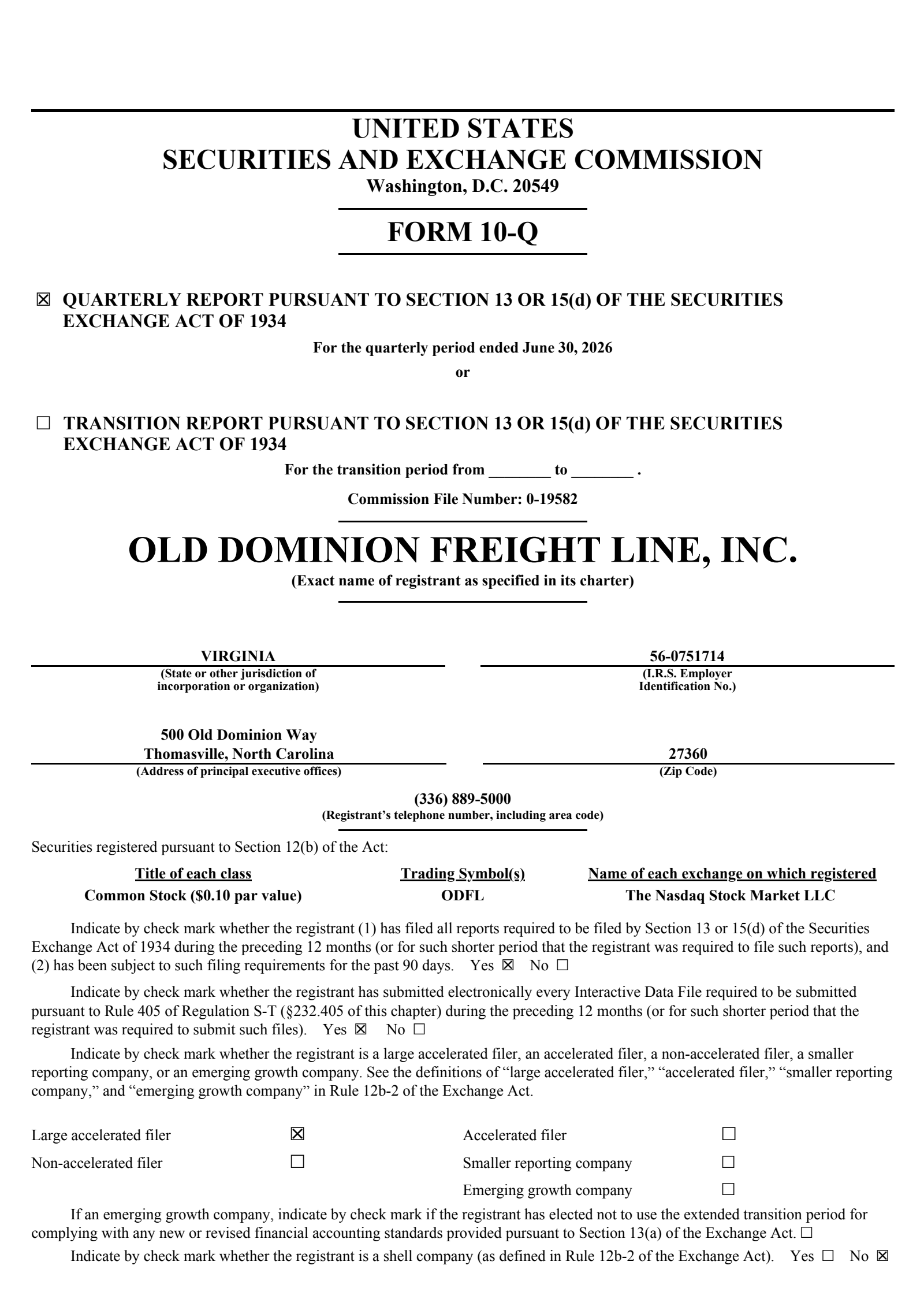 Old Dominion Freight Line's Q2 2026 Quarterly report