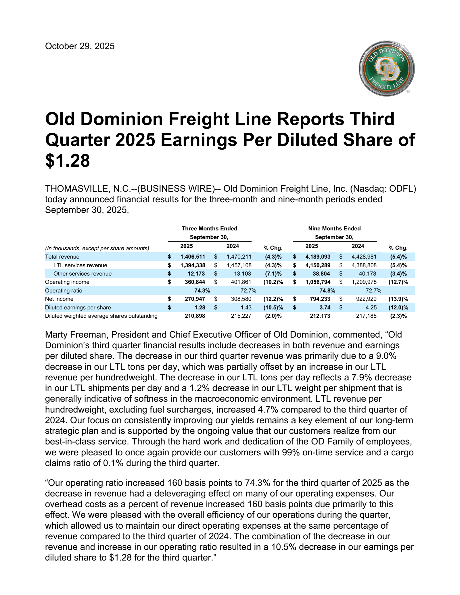 Old Dominion Freight Line's Q3 2025 Earnings Release